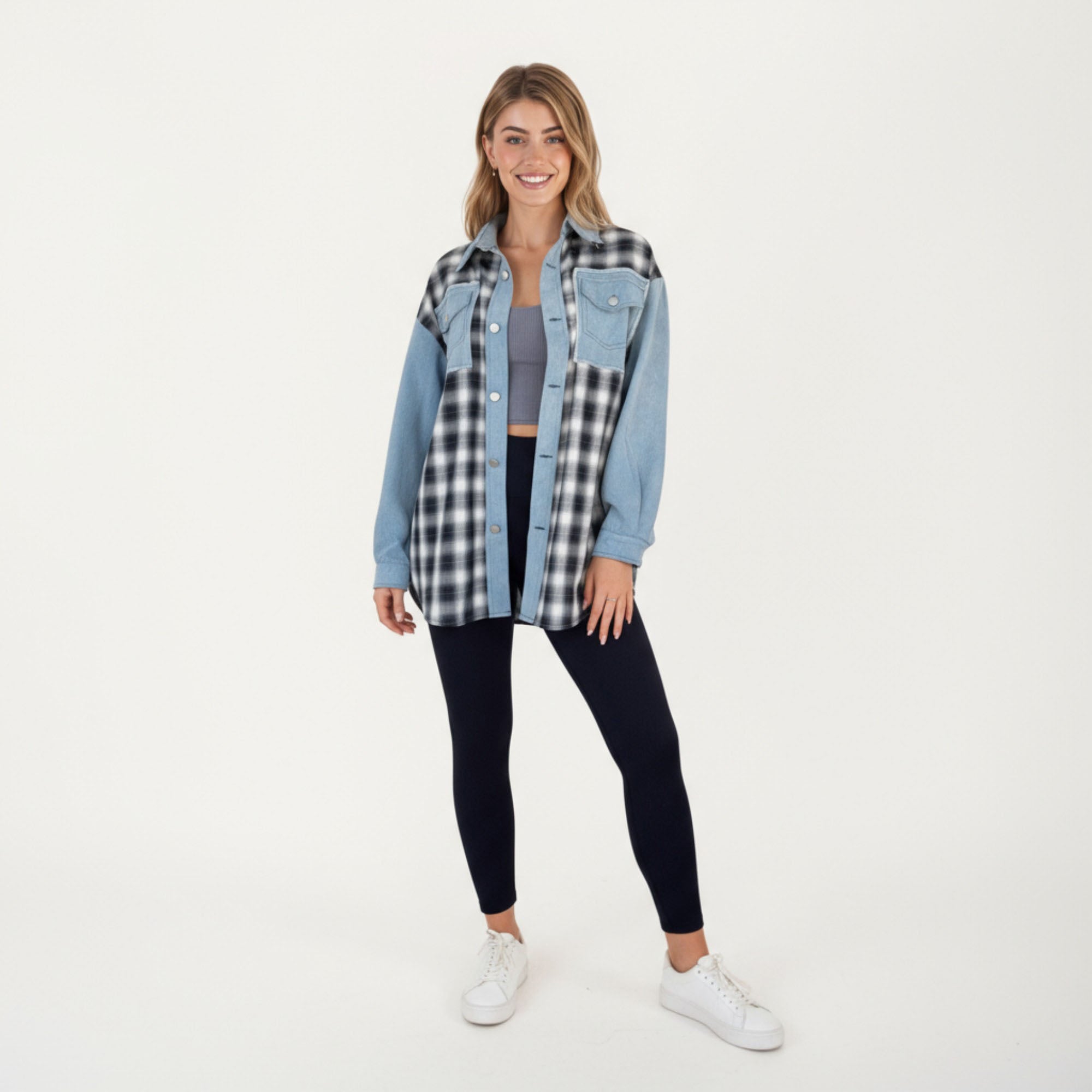 Anna-Kaci Women¡¯s Denim and Plaid Contrast Shacket with Snap Button Front Oversized Chest Pockets and Layering Silhouette