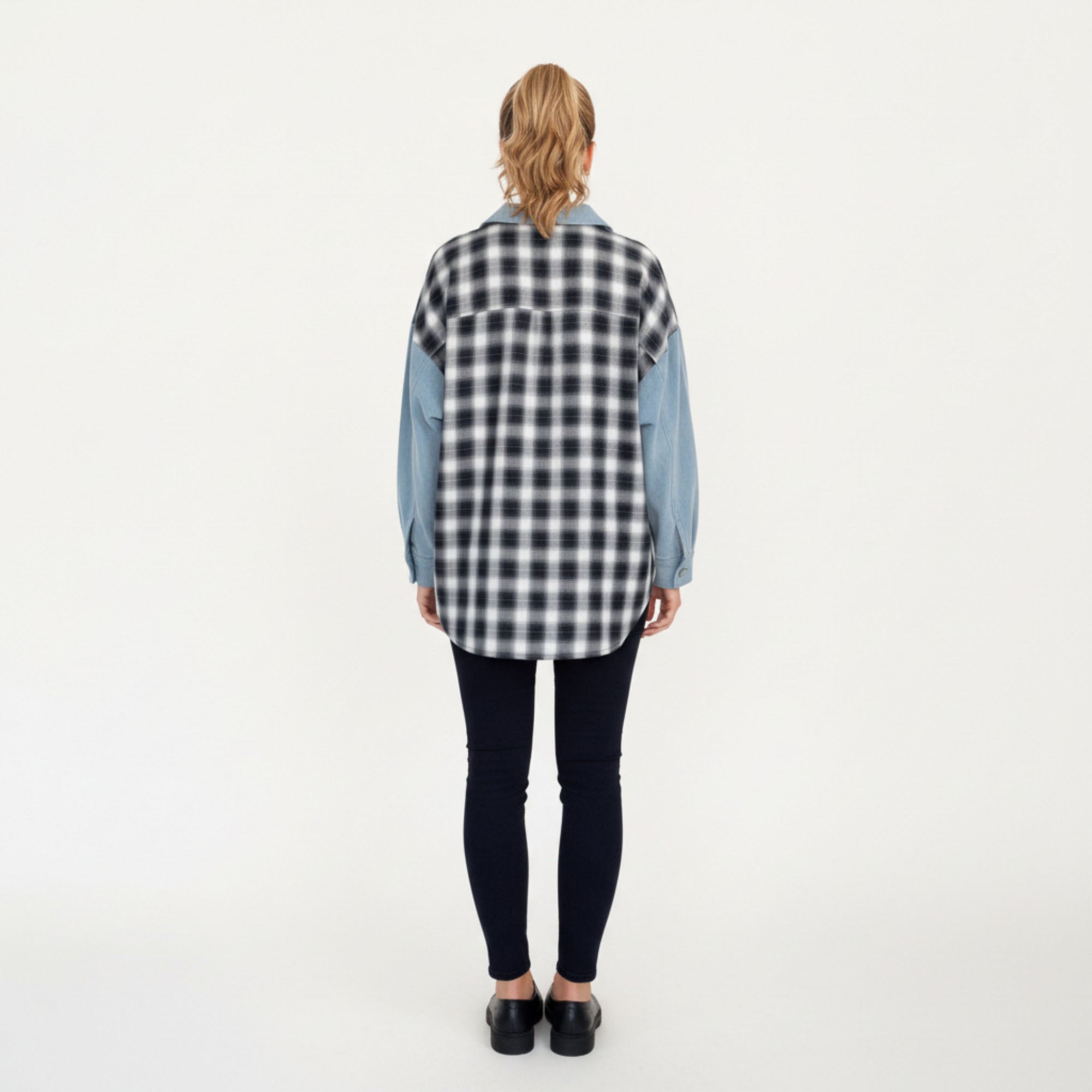 Anna-Kaci Women¡¯s Denim and Plaid Contrast Shacket with Snap Button Front Oversized Chest Pockets and Layering Silhouette