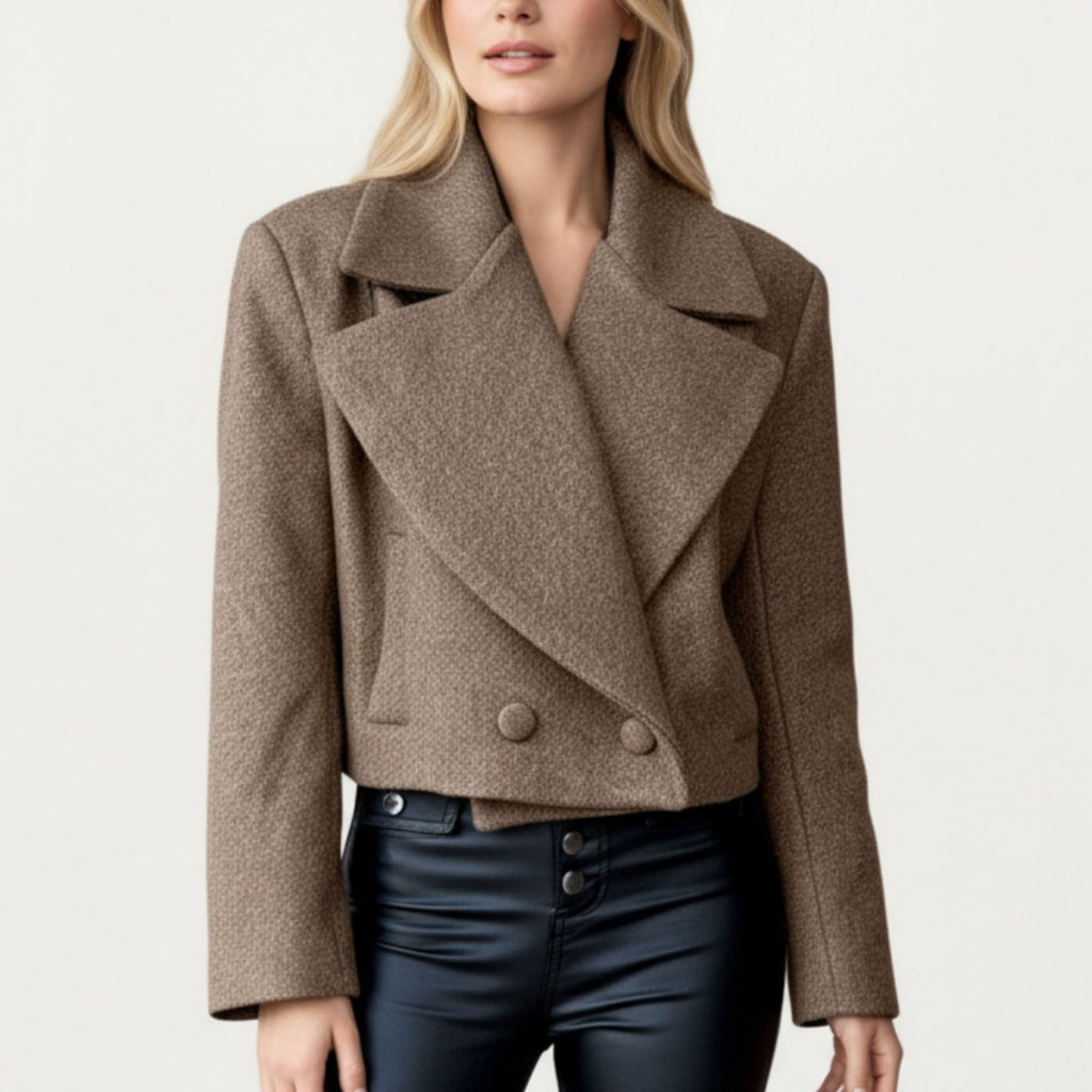 Anna-Kaci Women¡¯s Cropped Double-Breasted Jacket with Oversized Lapel Collar Structured Long Sleeves and Clean Tailored Silhouette
