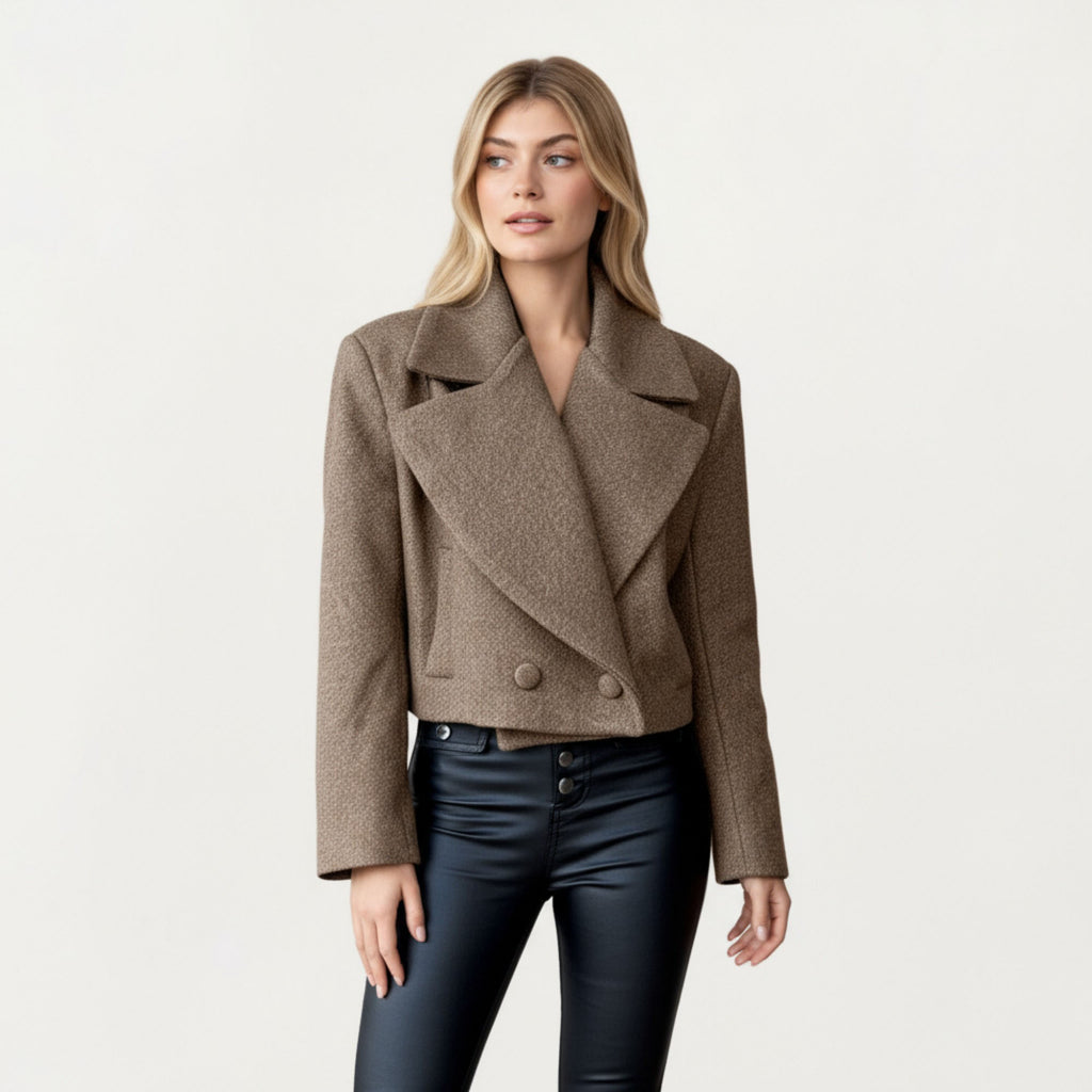 Anna-Kaci Women¡¯s Cropped Double-Breasted Jacket with Oversized Lapel Collar Structured Long Sleeves and Clean Tailored Silhouette