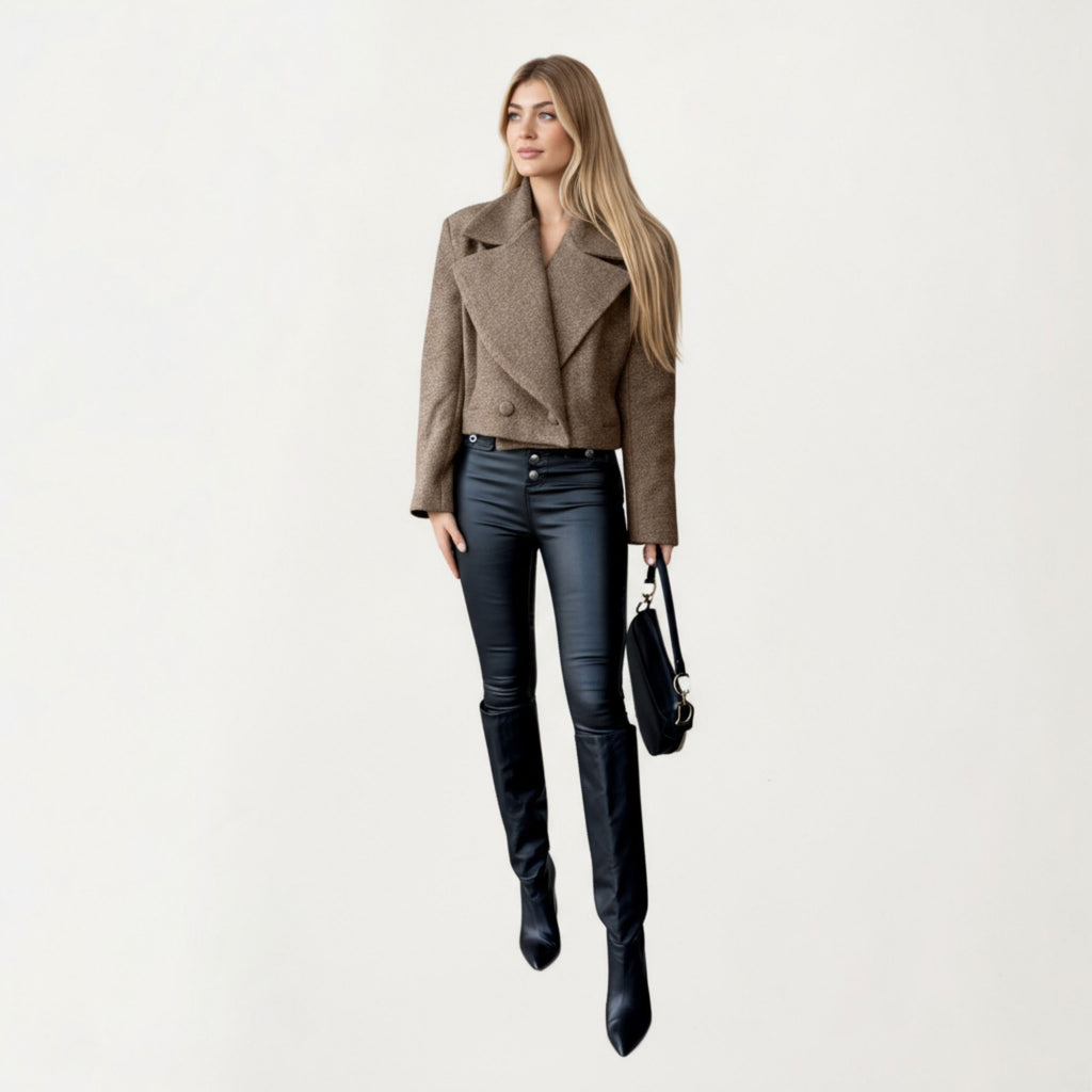 Anna-Kaci Women¡¯s Cropped Double-Breasted Jacket with Oversized Lapel Collar Structured Long Sleeves and Clean Tailored Silhouette