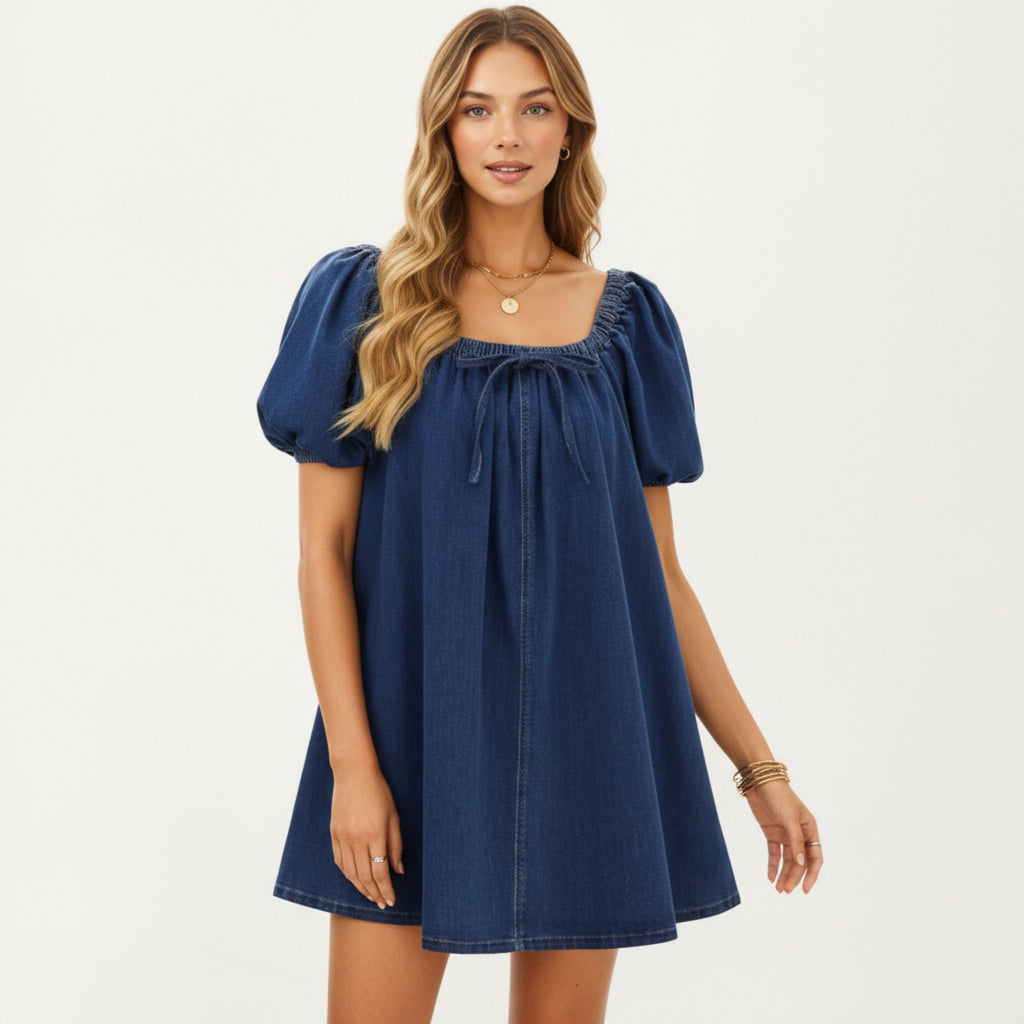 Anna-Kaci Women¡¯s Puff Sleeve Denim Babydoll Dress with Square Neckline Adjustable Front Tie Detail and Soft A-Line Silhouette