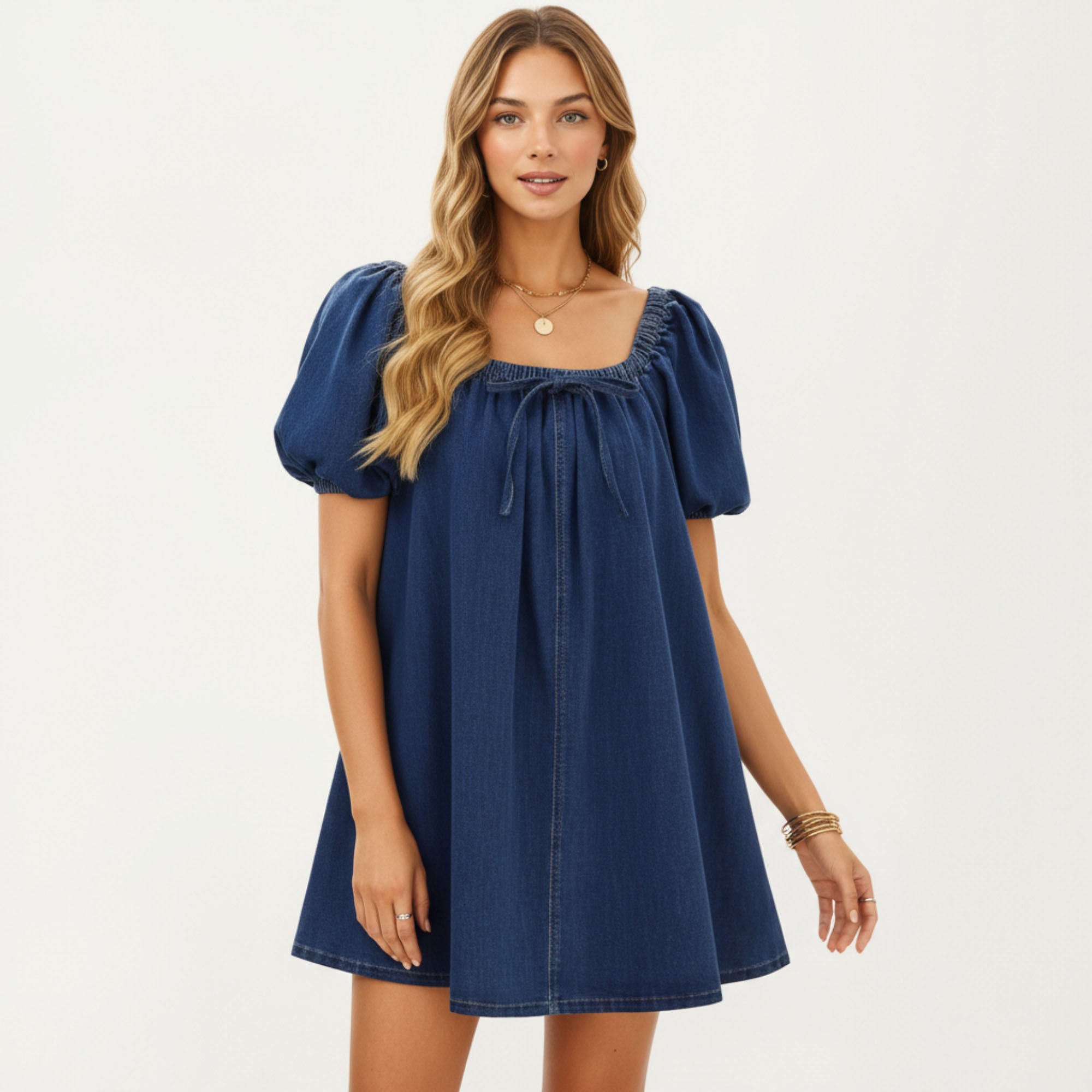 Anna-Kaci Women¡¯s Puff Sleeve Denim Babydoll Dress with Square Neckline Adjustable Front Tie Detail and Soft A-Line Silhouette
