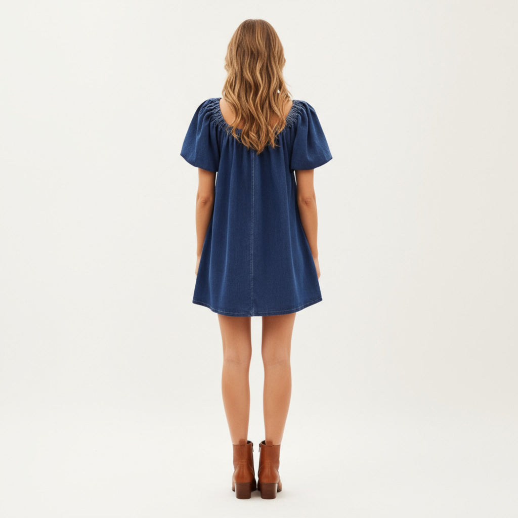 Anna-Kaci Women¡¯s Puff Sleeve Denim Babydoll Dress with Square Neckline Adjustable Front Tie Detail and Soft A-Line Silhouette