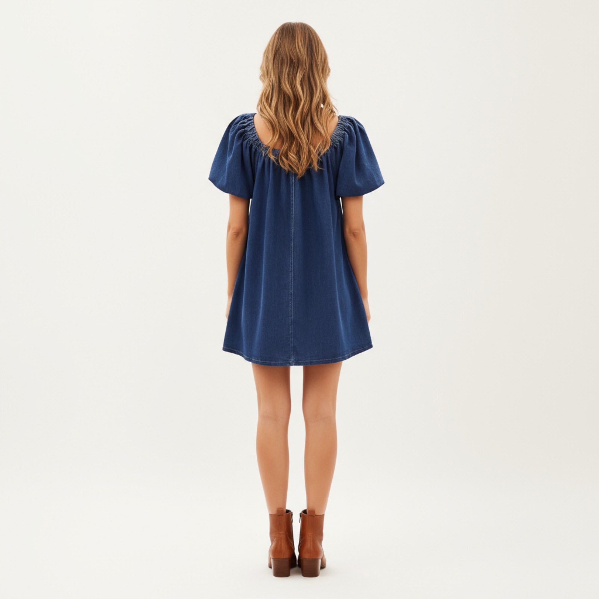 Anna-Kaci Women¡¯s Puff Sleeve Denim Babydoll Dress with Square Neckline Adjustable Front Tie Detail and Soft A-Line Silhouette