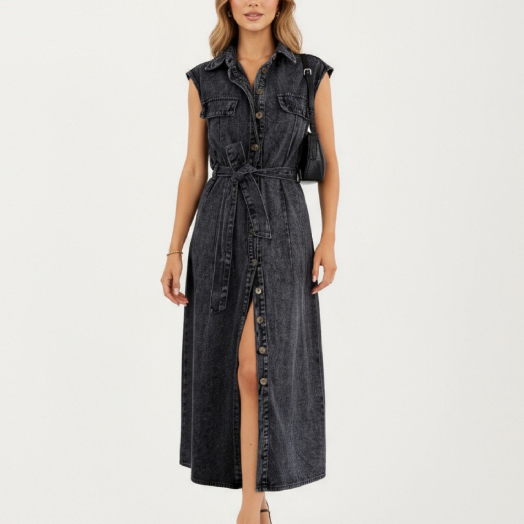 Anna-Kaci Women¡¯s Button Front Denim Maxi Dress with Adjustable Waist Tie Structured Collar Detail and Front Slit Accent
