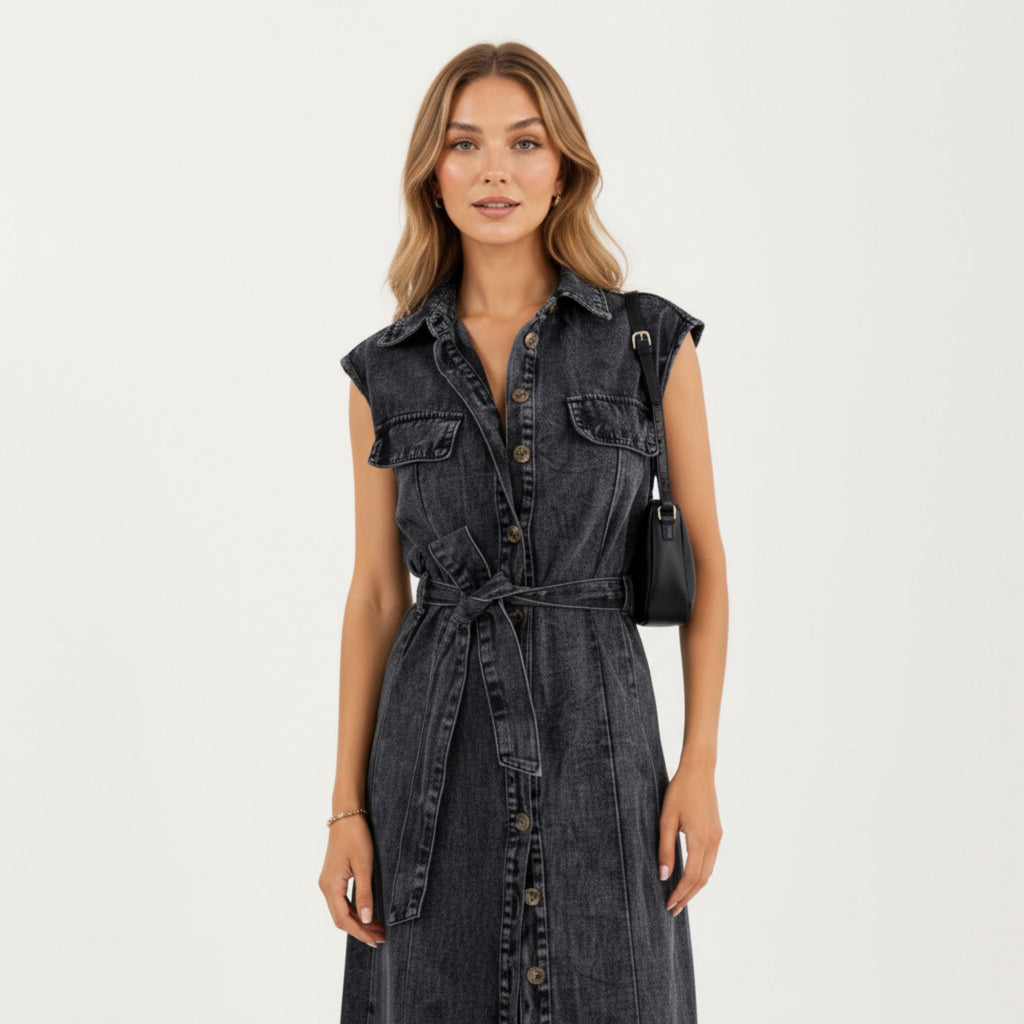 Anna-Kaci Women¡¯s Button Front Denim Maxi Dress with Adjustable Waist Tie Structured Collar Detail and Front Slit Accent