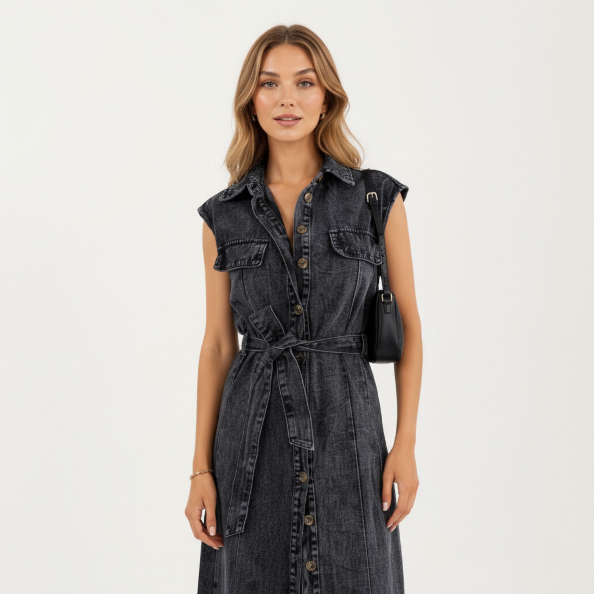 Anna-Kaci Women¡¯s Button Front Denim Maxi Dress with Adjustable Waist Tie Structured Collar Detail and Front Slit Accent