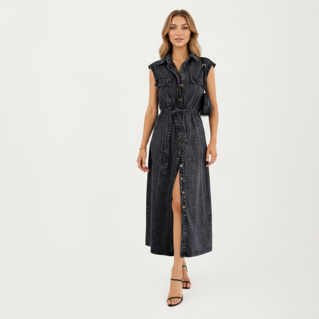 Anna-Kaci Women¡¯s Button Front Denim Maxi Dress with Adjustable Waist Tie Structured Collar Detail and Front Slit Accent