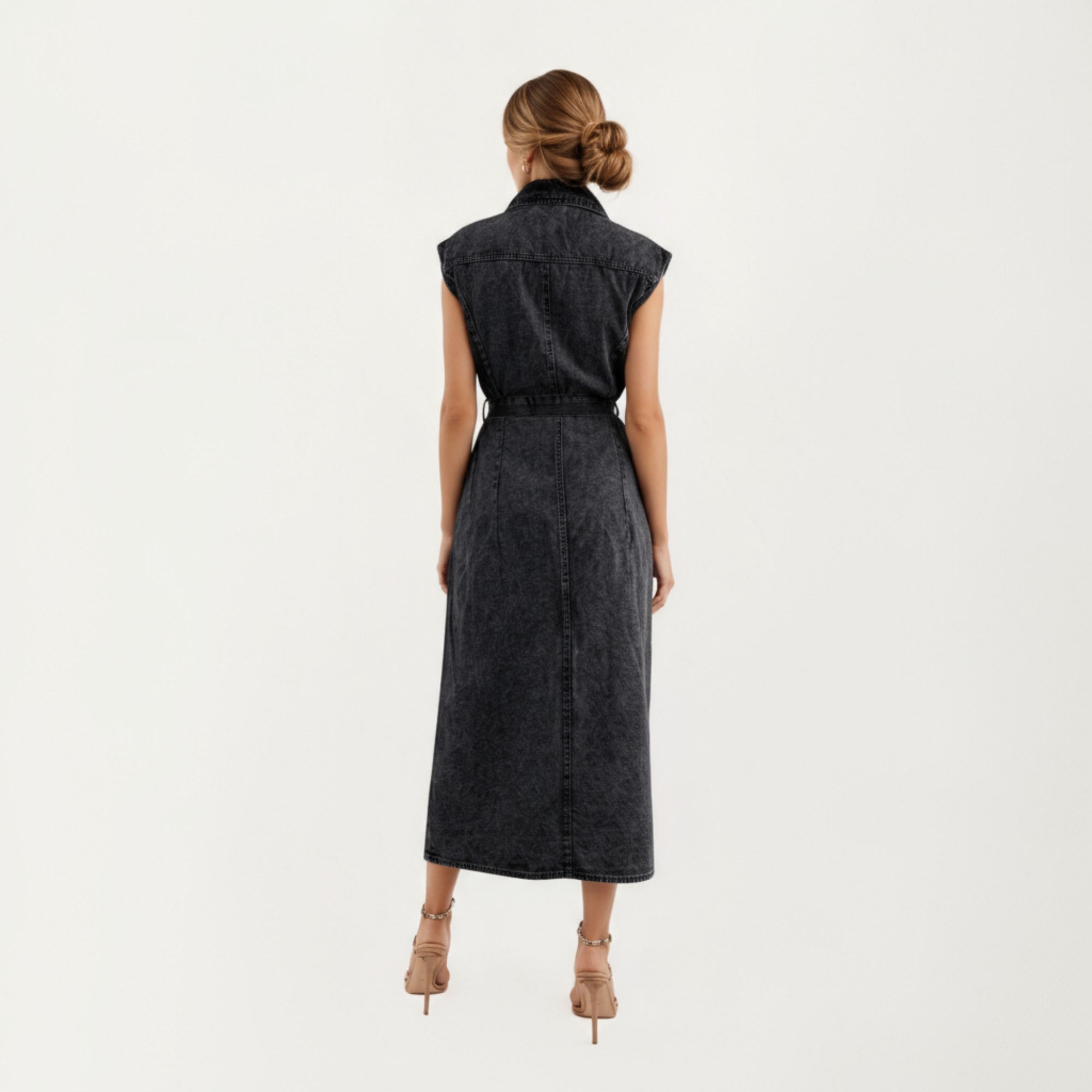 Anna-Kaci Women¡¯s Button Front Denim Maxi Dress with Adjustable Waist Tie Structured Collar Detail and Front Slit Accent