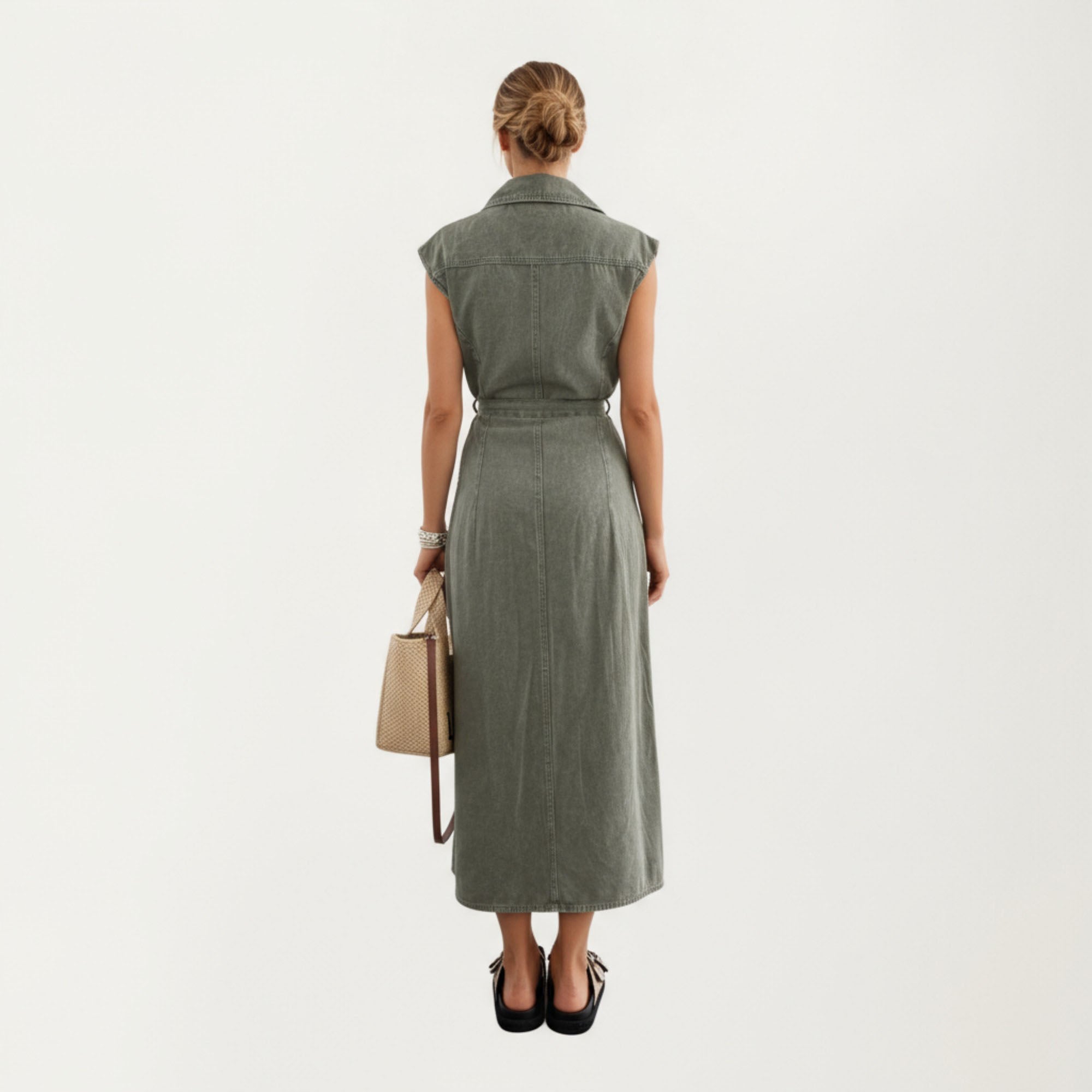 Anna-Kaci Women¡¯s Button Front Denim Maxi Dress with Adjustable Waist Tie Structured Collar Detail and Front Slit Accent