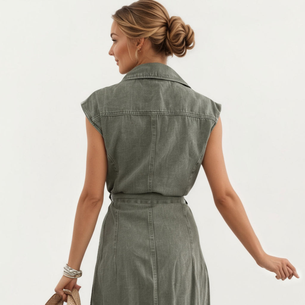 Anna-Kaci Women¡¯s Button Front Denim Maxi Dress with Adjustable Waist Tie Structured Collar Detail and Front Slit Accent