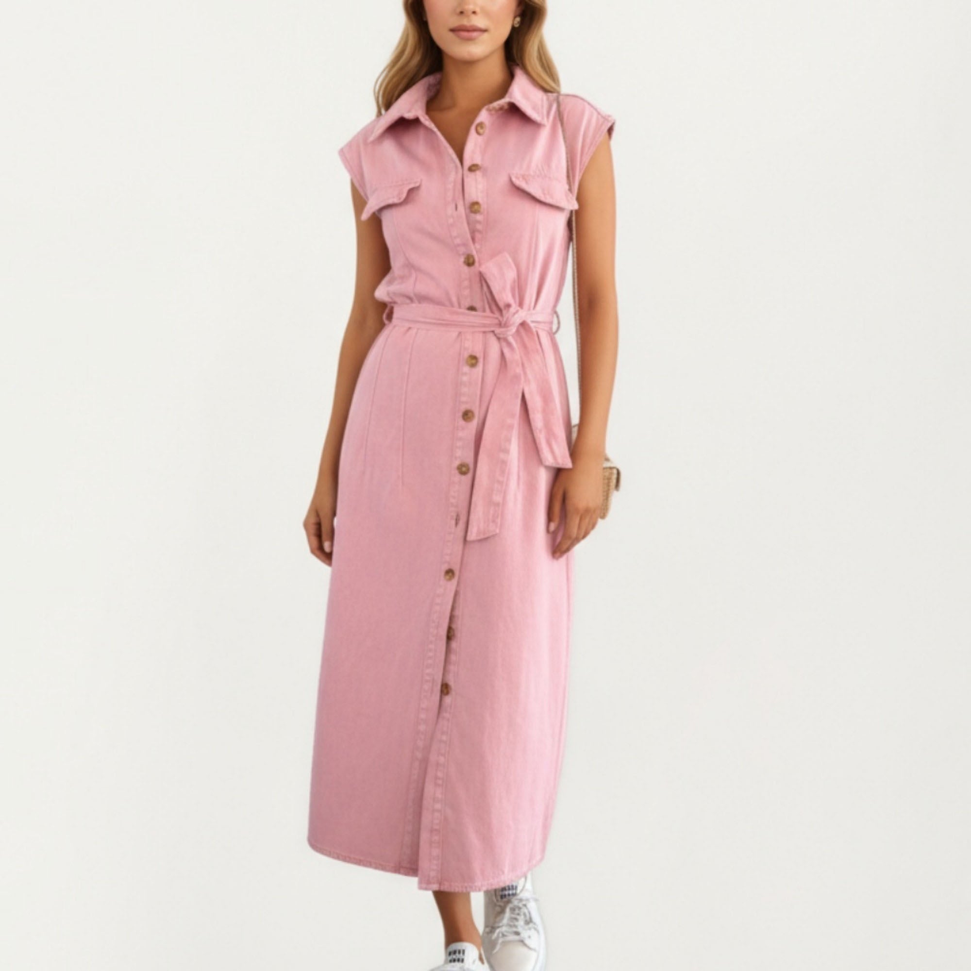 Anna-Kaci Women¡¯s Button Front Denim Maxi Dress with Adjustable Waist Tie Structured Collar Detail and Front Slit Accent