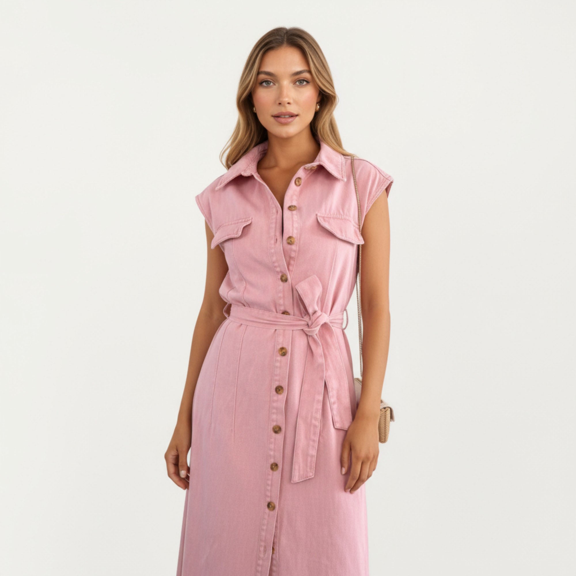 Anna-Kaci Women¡¯s Button Front Denim Maxi Dress with Adjustable Waist Tie Structured Collar Detail and Front Slit Accent