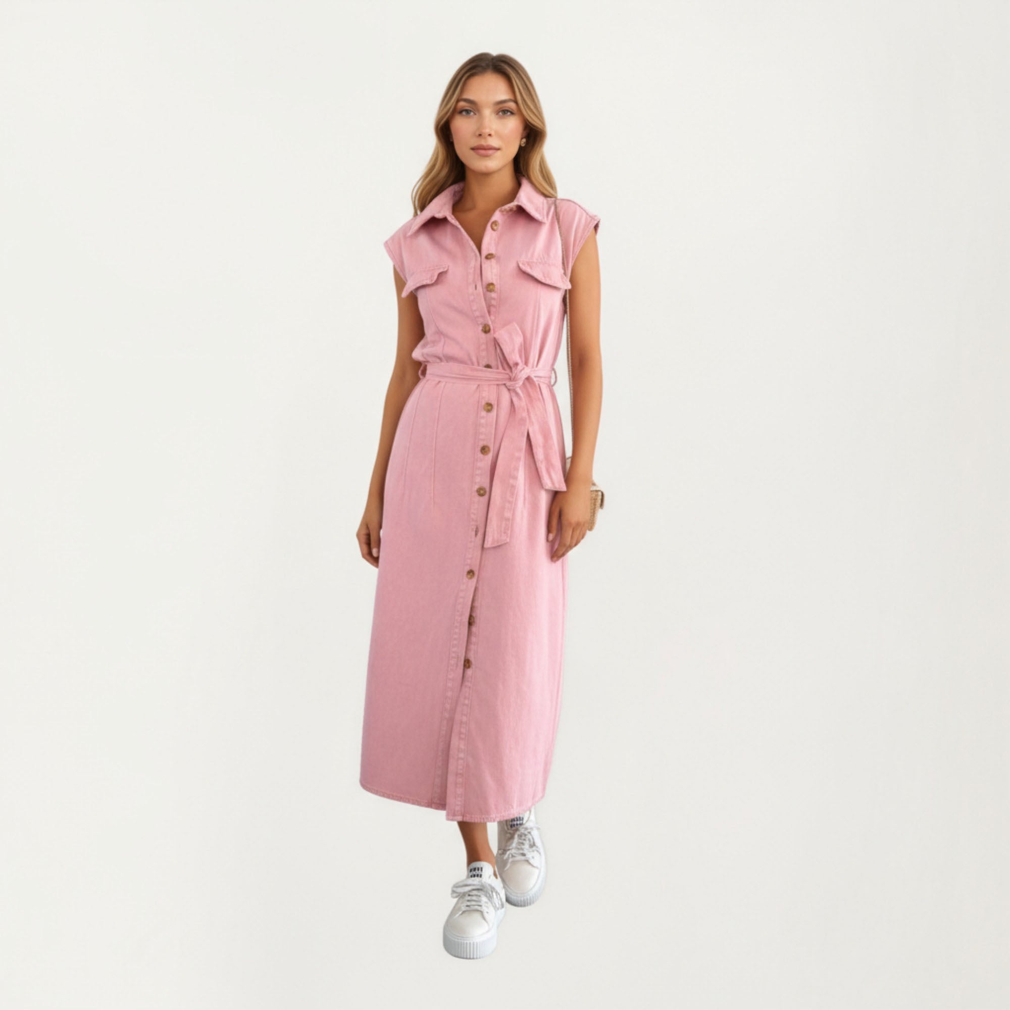 Anna-Kaci Women¡¯s Button Front Denim Maxi Dress with Adjustable Waist Tie Structured Collar Detail and Front Slit Accent