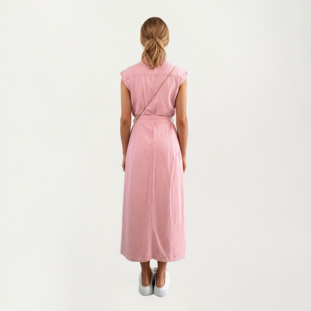 Anna-Kaci Women¡¯s Button Front Denim Maxi Dress with Adjustable Waist Tie Structured Collar Detail and Front Slit Accent