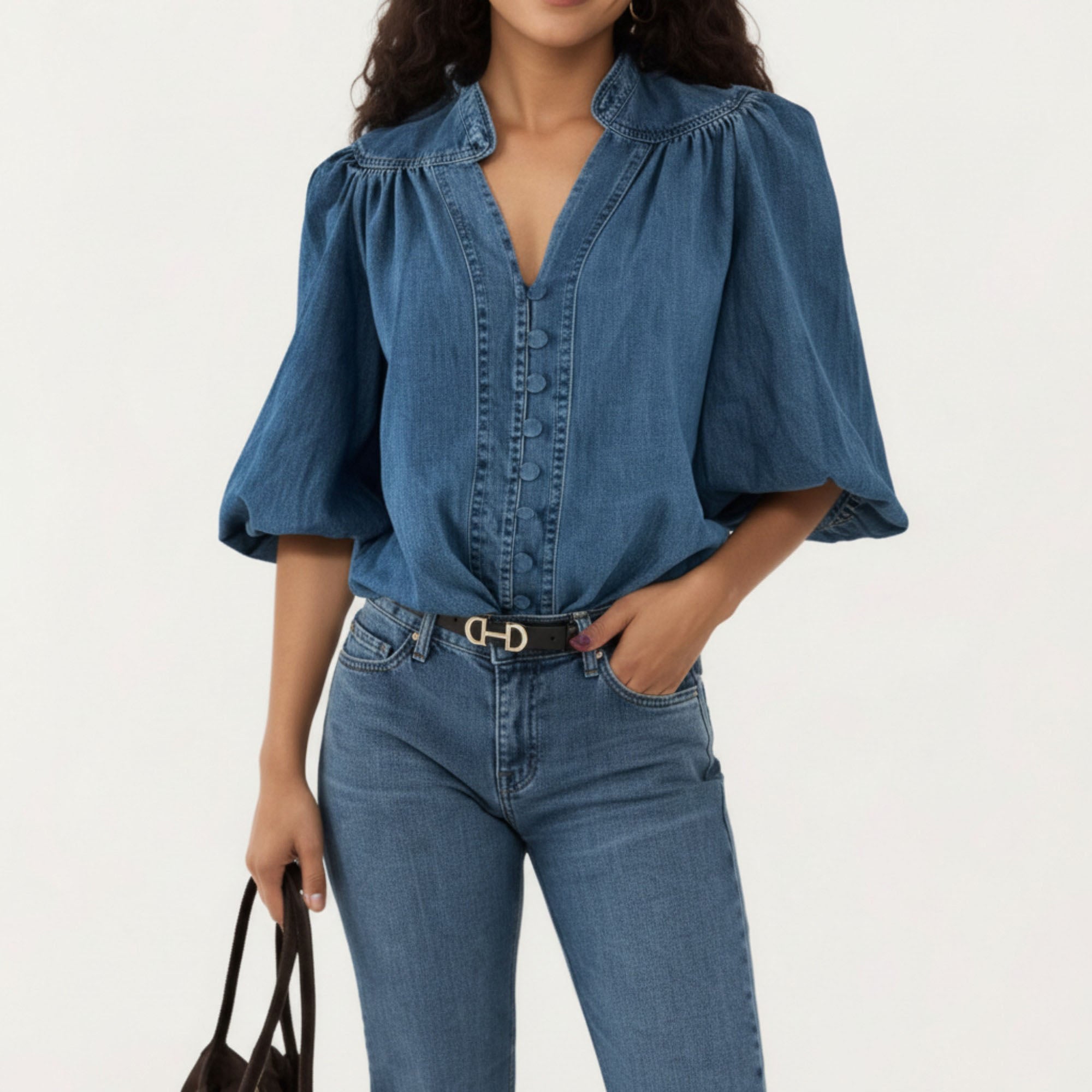 Anna-Kaci Women¡¯s Denim Button Front Top with Puff Elbow Sleeves Structured Collar Detail Woven Fabric and Relaxed Silhouette