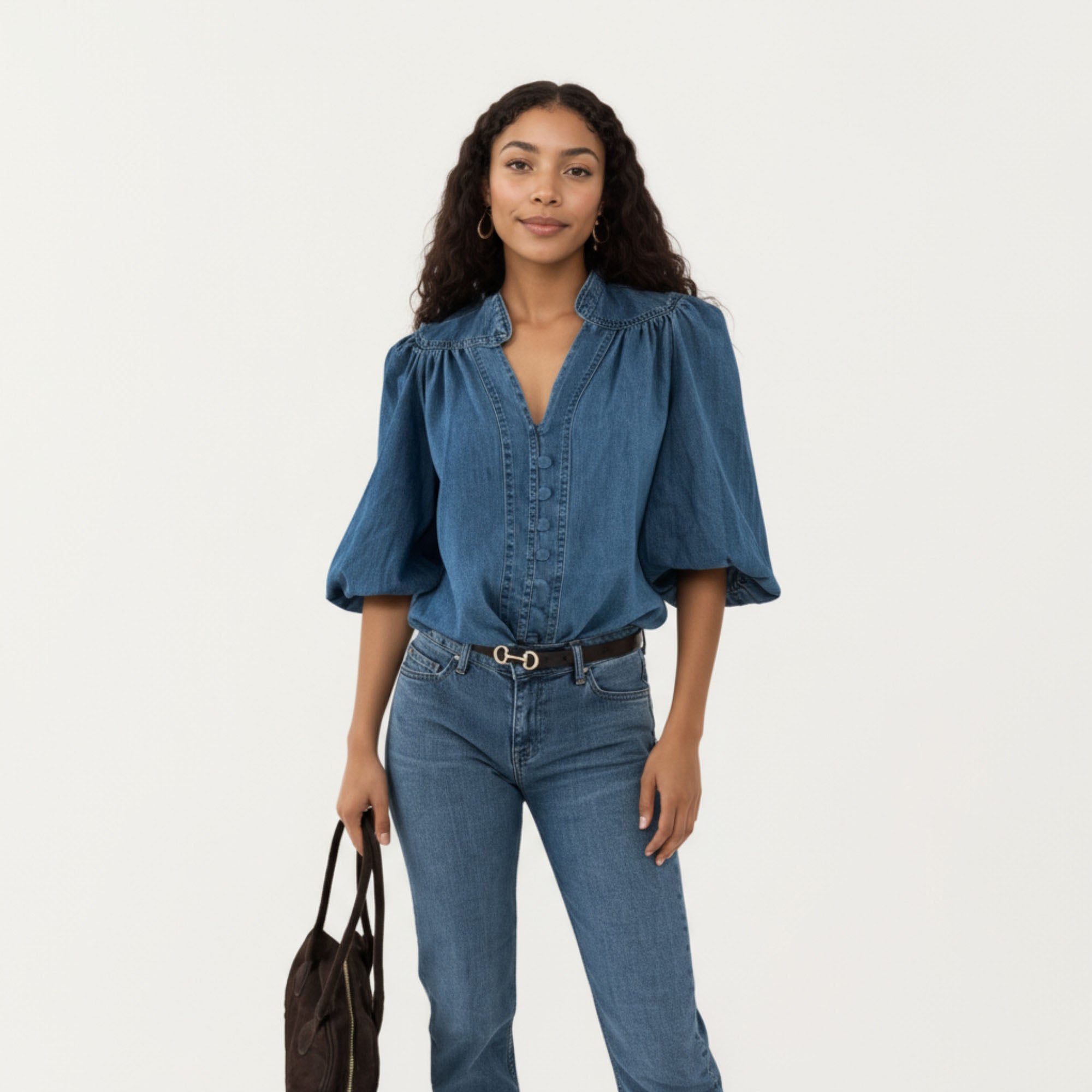 Anna-Kaci Women¡¯s Denim Button Front Top with Puff Elbow Sleeves Structured Collar Detail Woven Fabric and Relaxed Silhouette