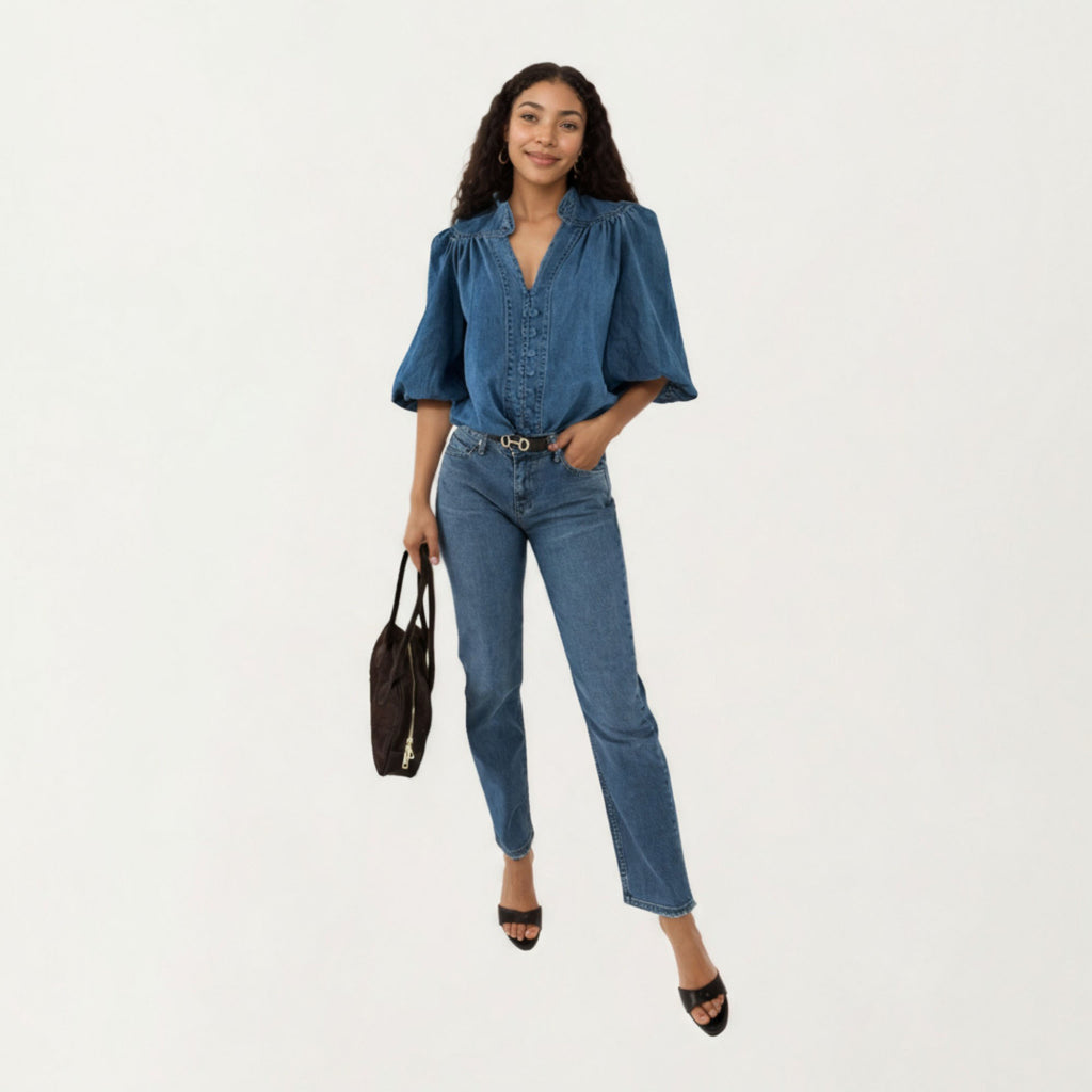 Anna-Kaci Women¡¯s Denim Button Front Top with Puff Elbow Sleeves Structured Collar Detail Woven Fabric and Relaxed Silhouette