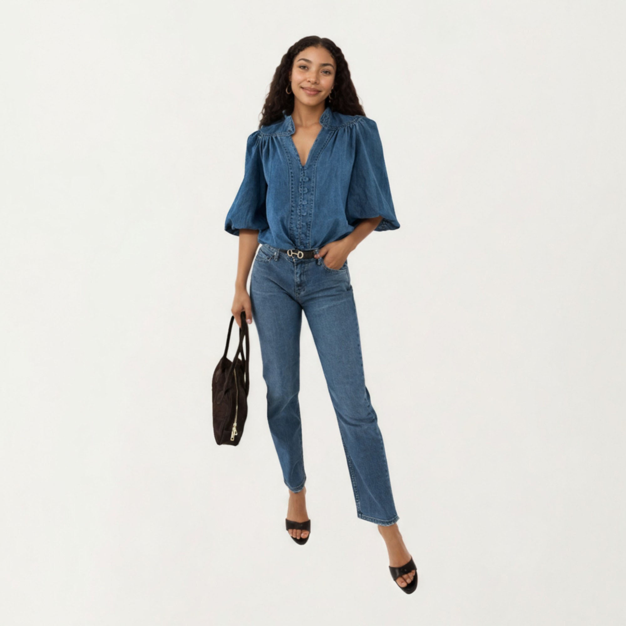 Anna-Kaci Women¡¯s Denim Button Front Top with Puff Elbow Sleeves Structured Collar Detail Woven Fabric and Relaxed Silhouette