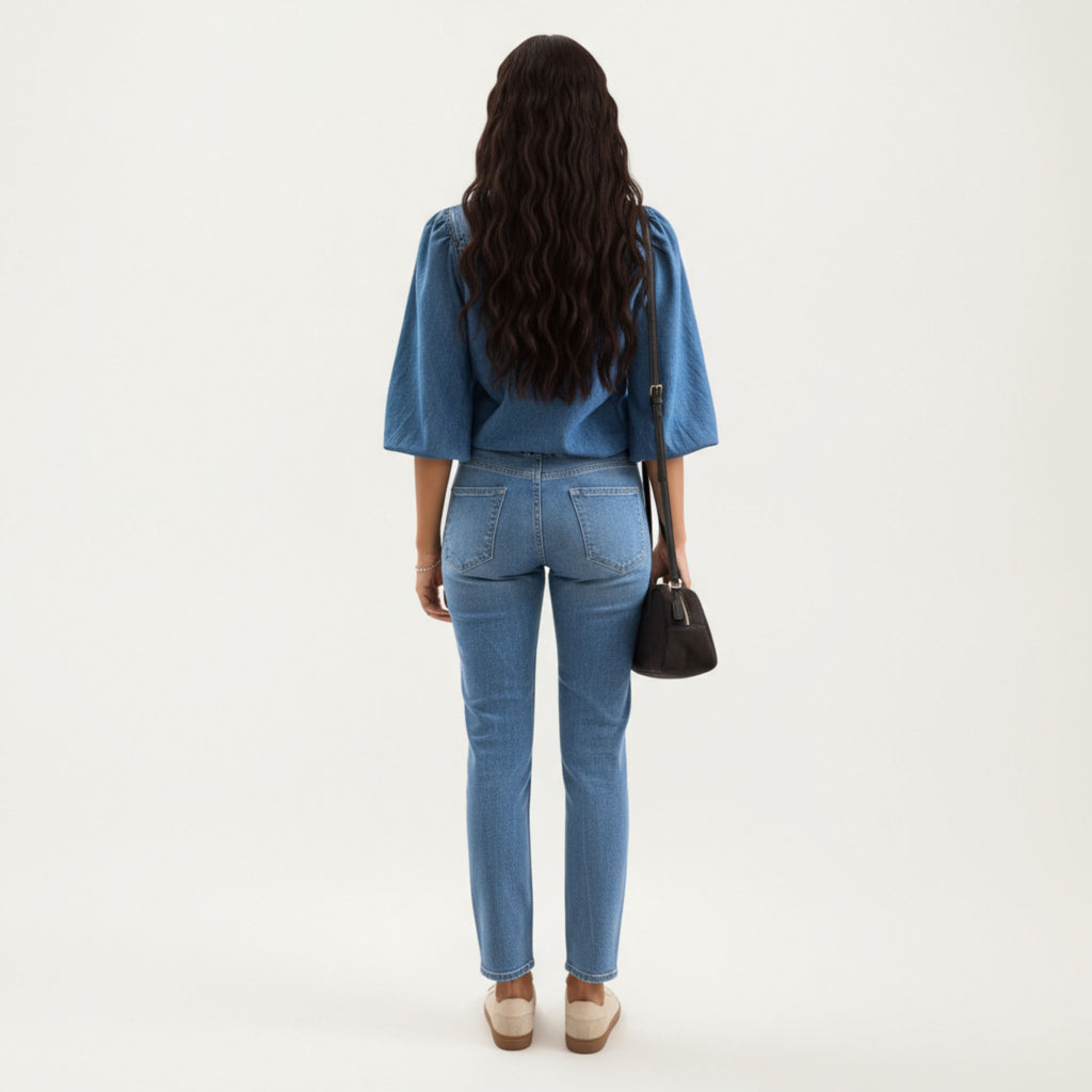 Anna-Kaci Women¡¯s Denim Button Front Top with Puff Elbow Sleeves Structured Collar Detail Woven Fabric and Relaxed Silhouette