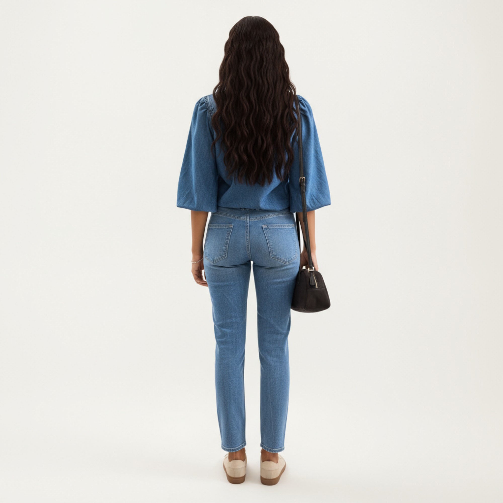 Anna-Kaci Women¡¯s Denim Button Front Top with Puff Elbow Sleeves Structured Collar Detail Woven Fabric and Relaxed Silhouette