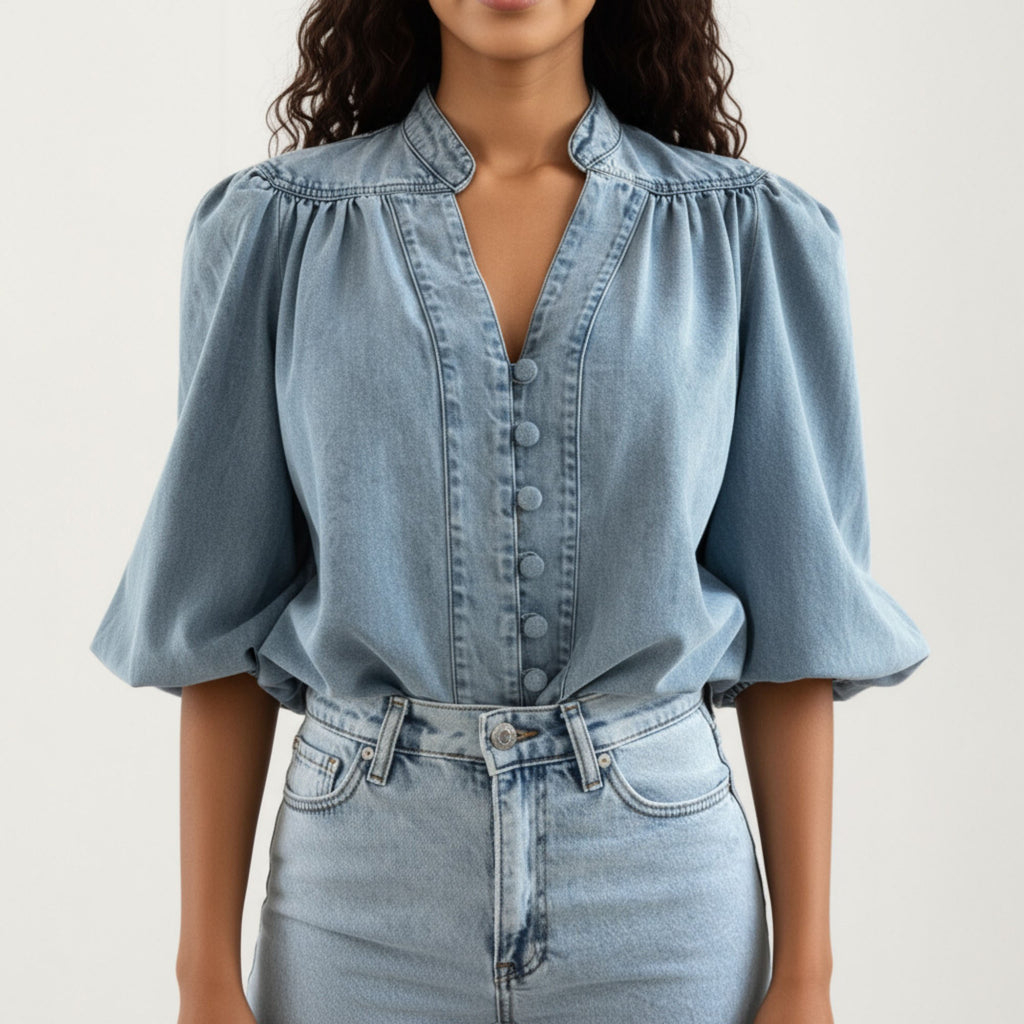 Anna-Kaci Women¡¯s Denim Button Front Top with Puff Elbow Sleeves Structured Collar Detail Woven Fabric and Relaxed Silhouette