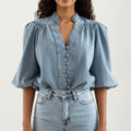 Anna-Kaci Women¡¯s Denim Button Front Top with Puff Elbow Sleeves Structured Collar Detail Woven Fabric and Relaxed Silhouette
