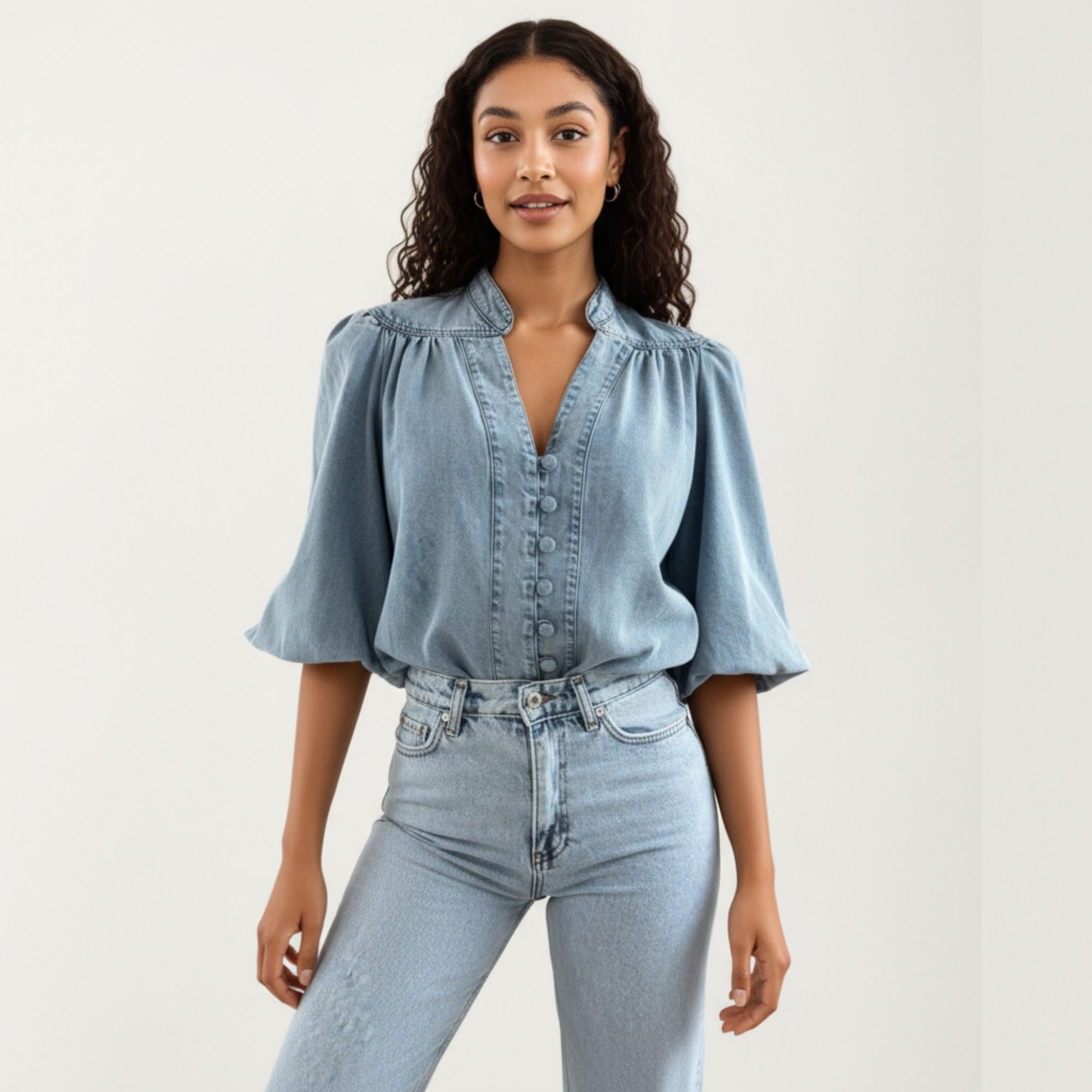 Anna-Kaci Women¡¯s Denim Button Front Top with Puff Elbow Sleeves Structured Collar Detail Woven Fabric and Relaxed Silhouette