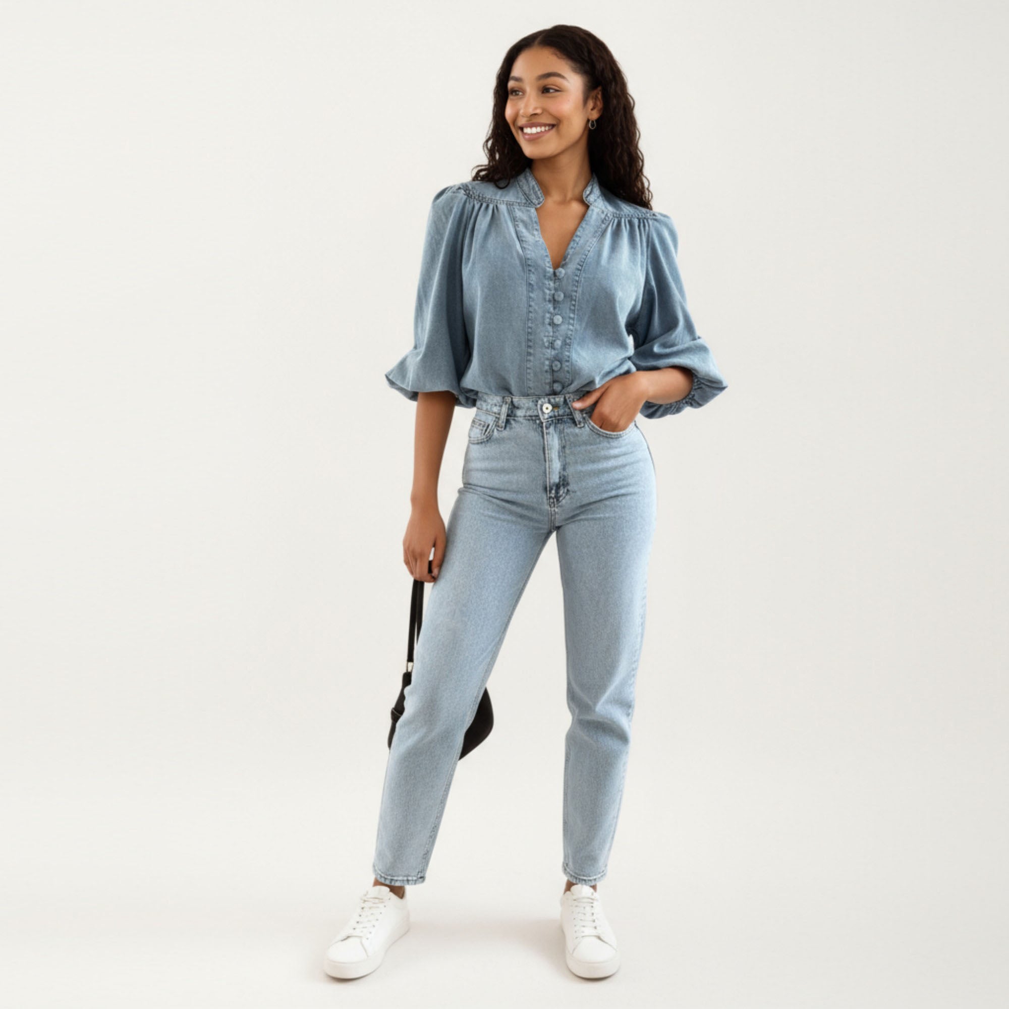 Anna-Kaci Women¡¯s Denim Button Front Top with Puff Elbow Sleeves Structured Collar Detail Woven Fabric and Relaxed Silhouette
