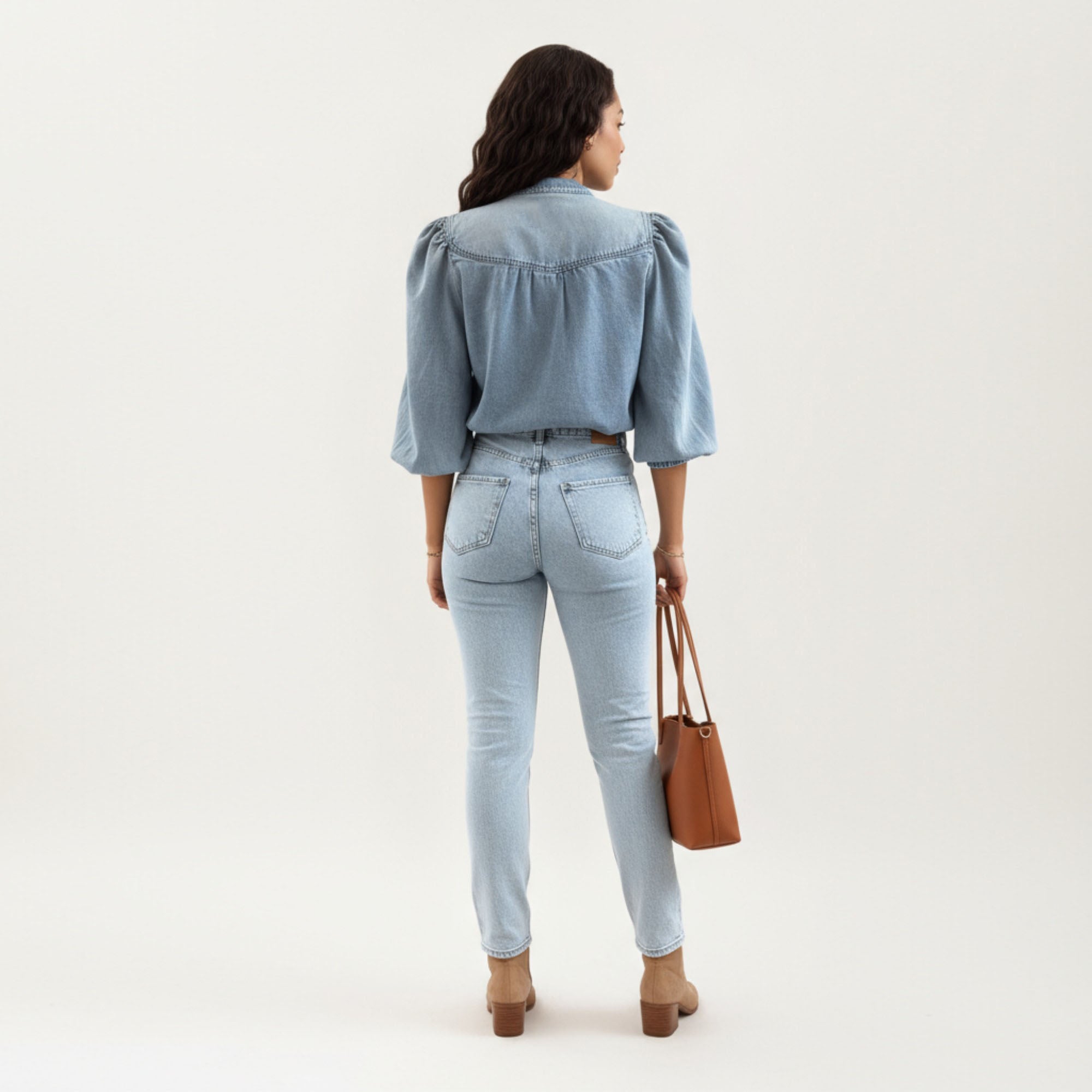 Anna-Kaci Women¡¯s Denim Button Front Top with Puff Elbow Sleeves Structured Collar Detail Woven Fabric and Relaxed Silhouette