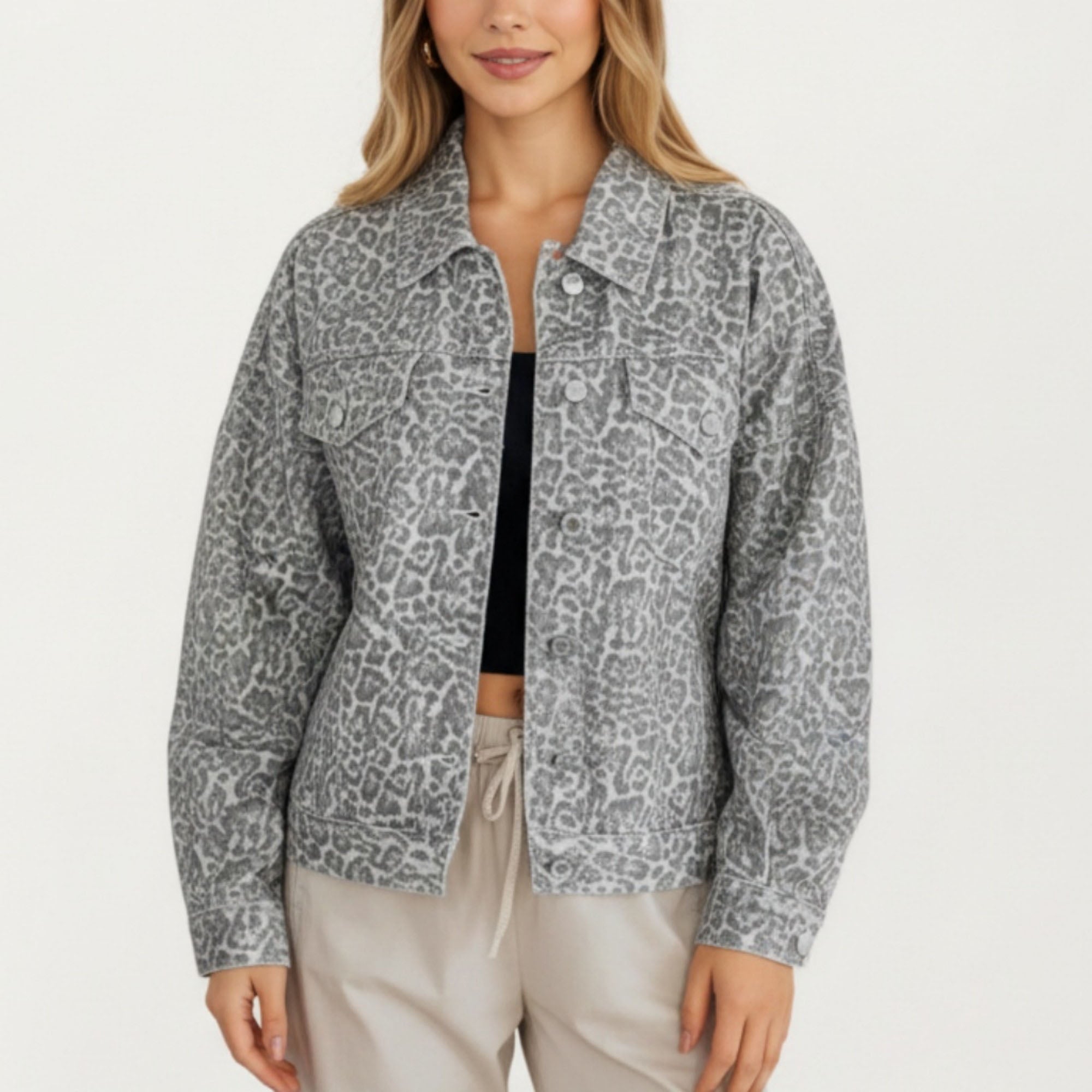 Anna-Kaci Women¡¯s Leopard Print Button Front Jacket with Soft Woven Fabric Chest Flap Pockets Long Sleeves