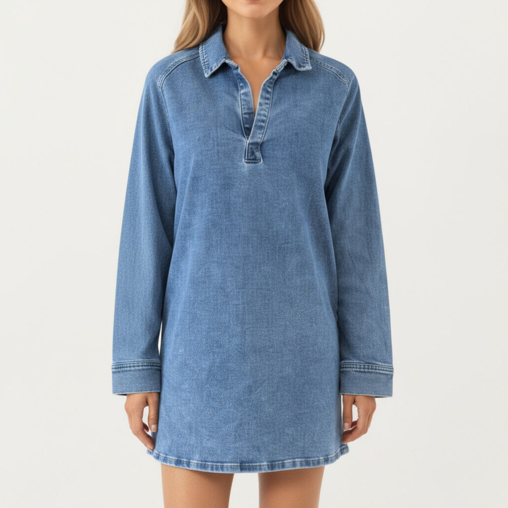 Anna-Kaci Women¡¯s Pullover Denim Tunic Dress with Soft Woven Fabric Split Neckline Long Sleeves and Relaxed Straight Silhouette