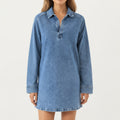 Anna-Kaci Women¡¯s Pullover Denim Tunic Dress with Soft Woven Fabric Split Neckline Long Sleeves and Relaxed Straight Silhouette