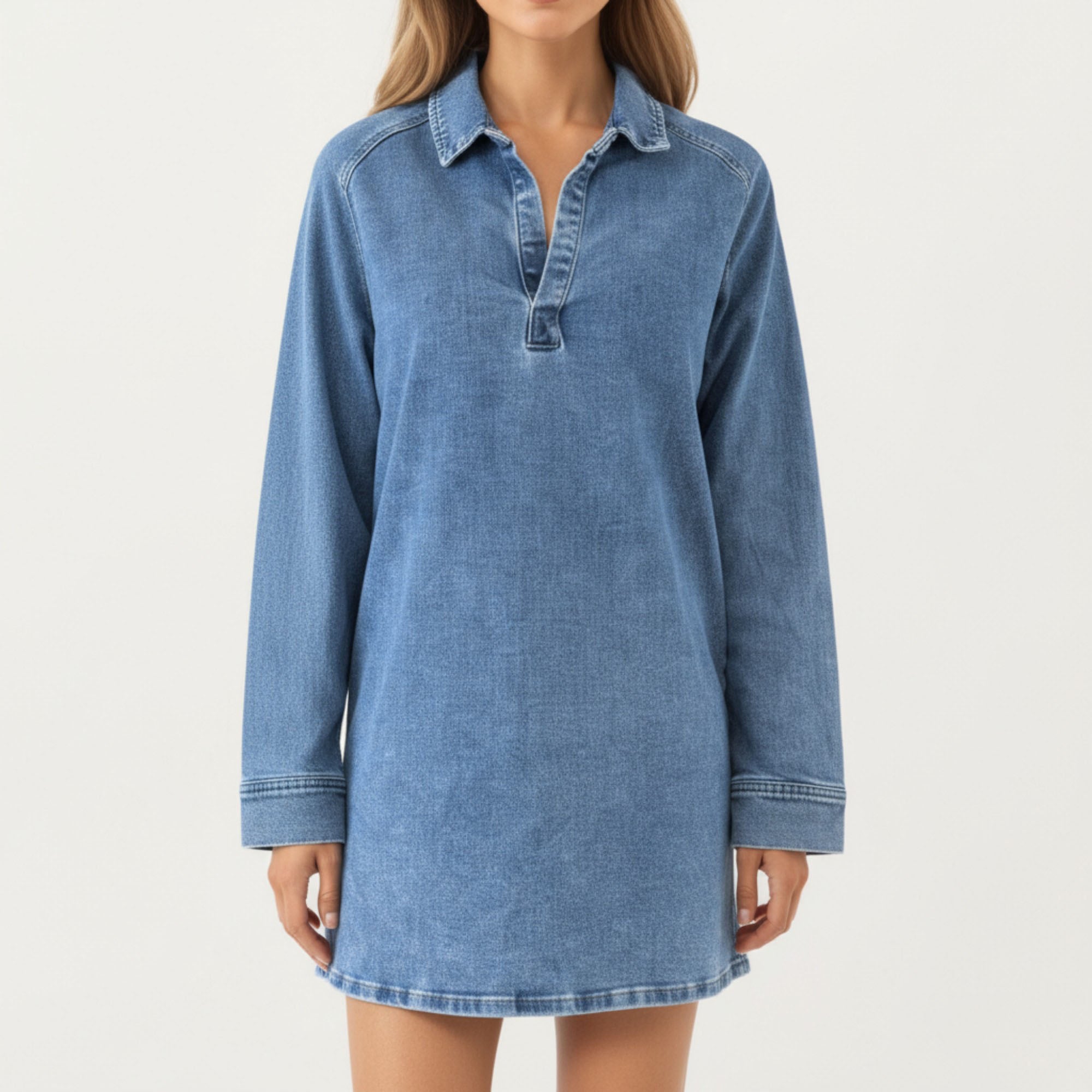 Anna-Kaci Women¡¯s Pullover Denim Tunic Dress with Soft Woven Fabric Split Neckline Long Sleeves and Relaxed Straight Silhouette