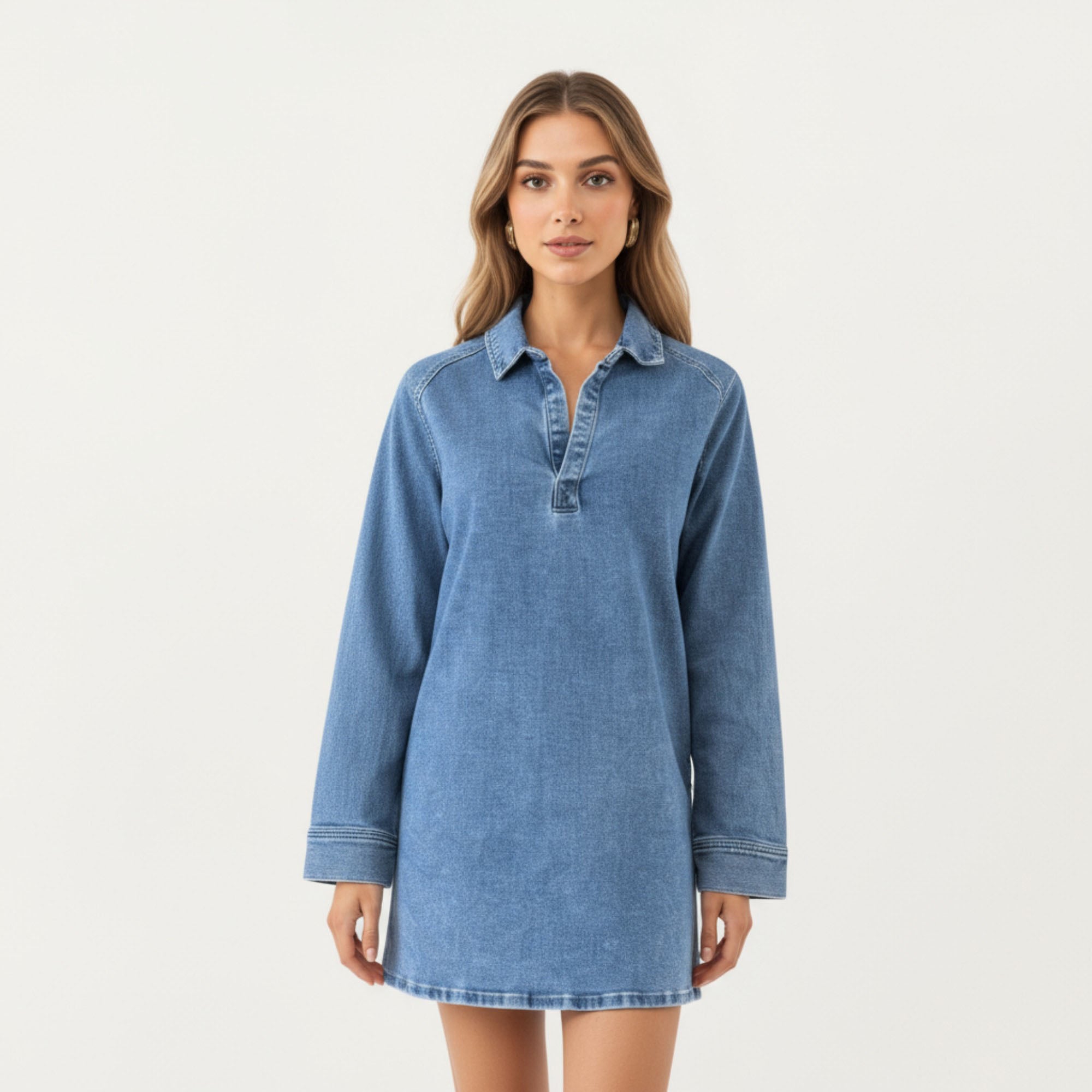 Anna-Kaci Women¡¯s Pullover Denim Tunic Dress with Soft Woven Fabric Split Neckline Long Sleeves and Relaxed Straight Silhouette