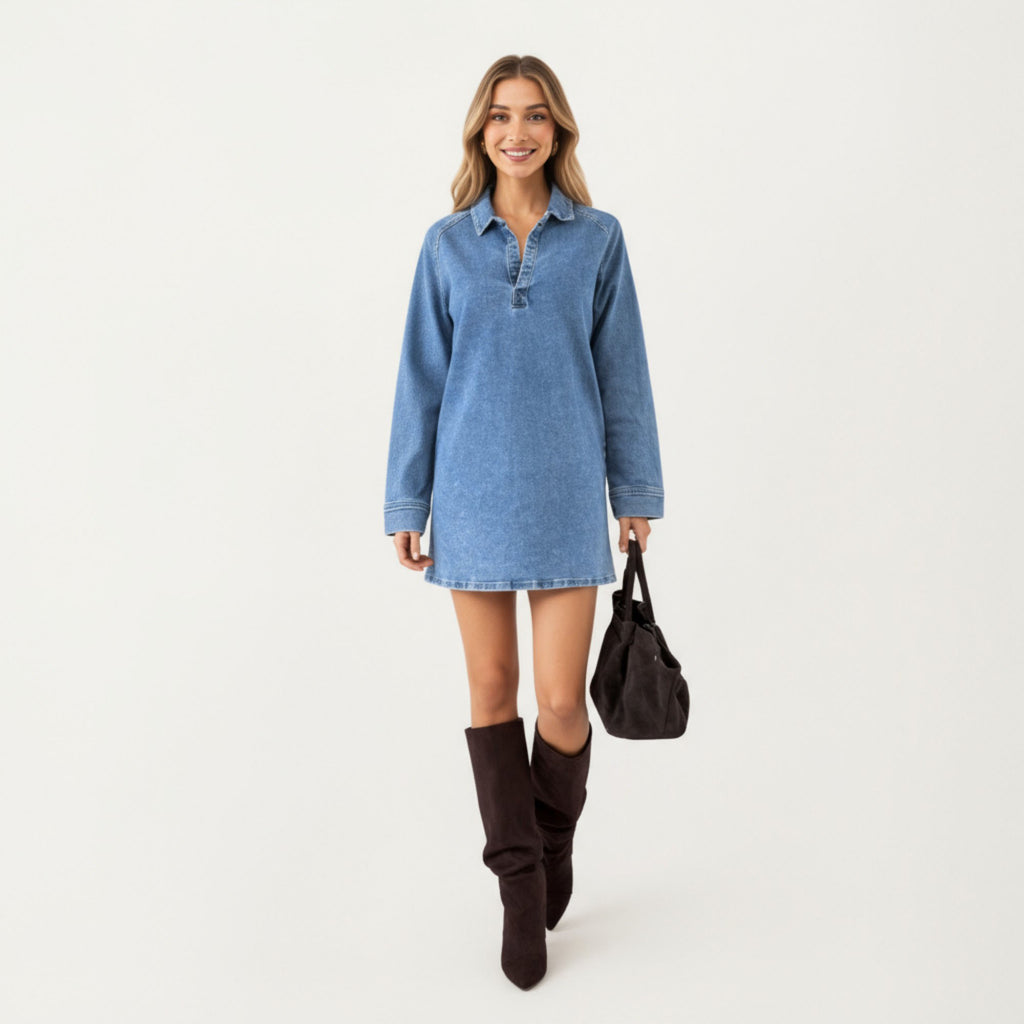 Anna-Kaci Women¡¯s Pullover Denim Tunic Dress with Soft Woven Fabric Split Neckline Long Sleeves and Relaxed Straight Silhouette