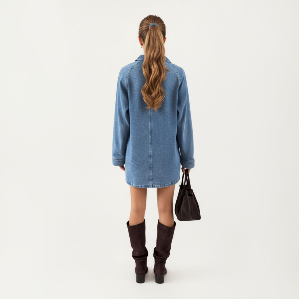 Anna-Kaci Women¡¯s Pullover Denim Tunic Dress with Soft Woven Fabric Split Neckline Long Sleeves and Relaxed Straight Silhouette