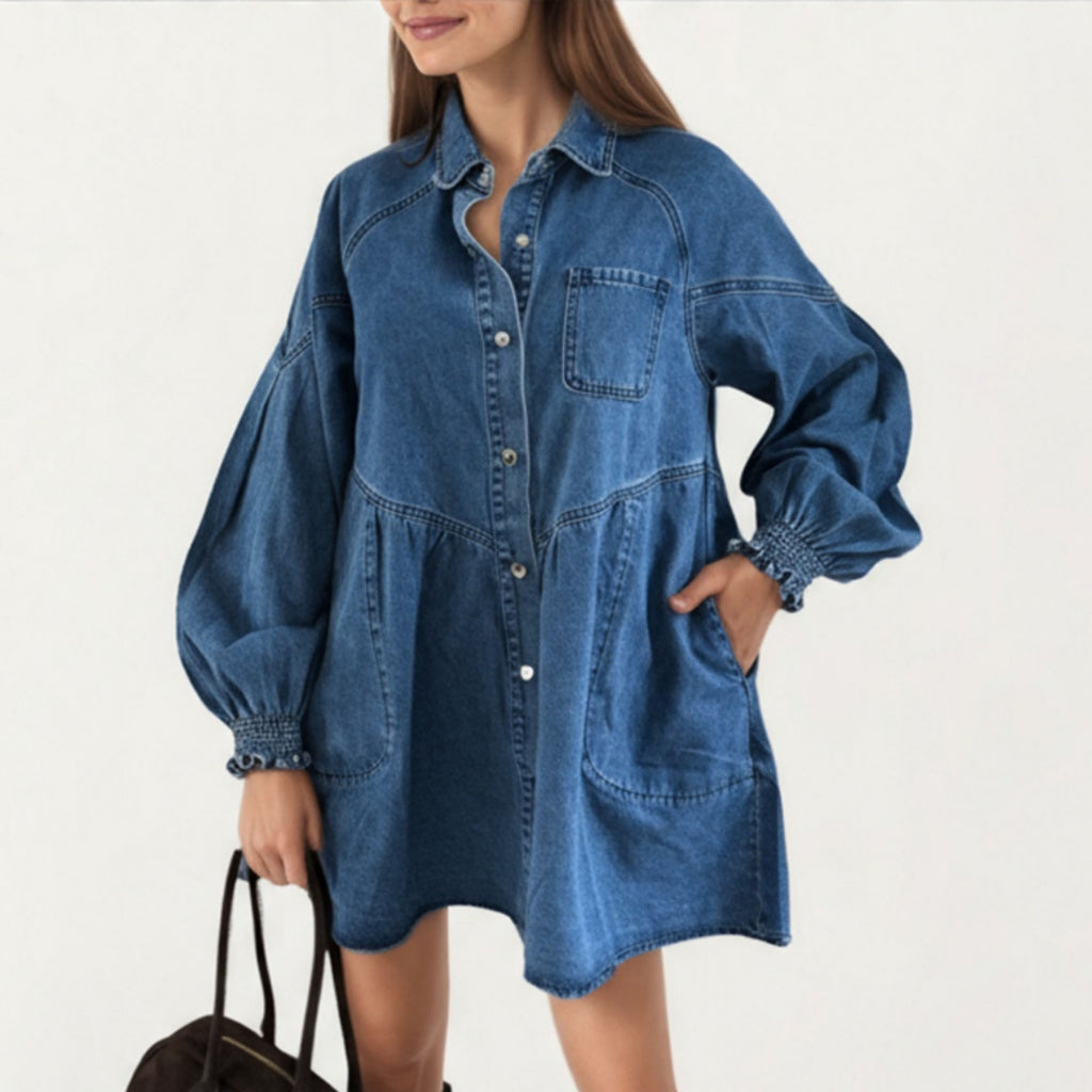 Anna-Kaci Women¡¯s Button Front Denim Shirt Dress with Soft Woven Fabric Balloon Sleeves Front Patch Pockets