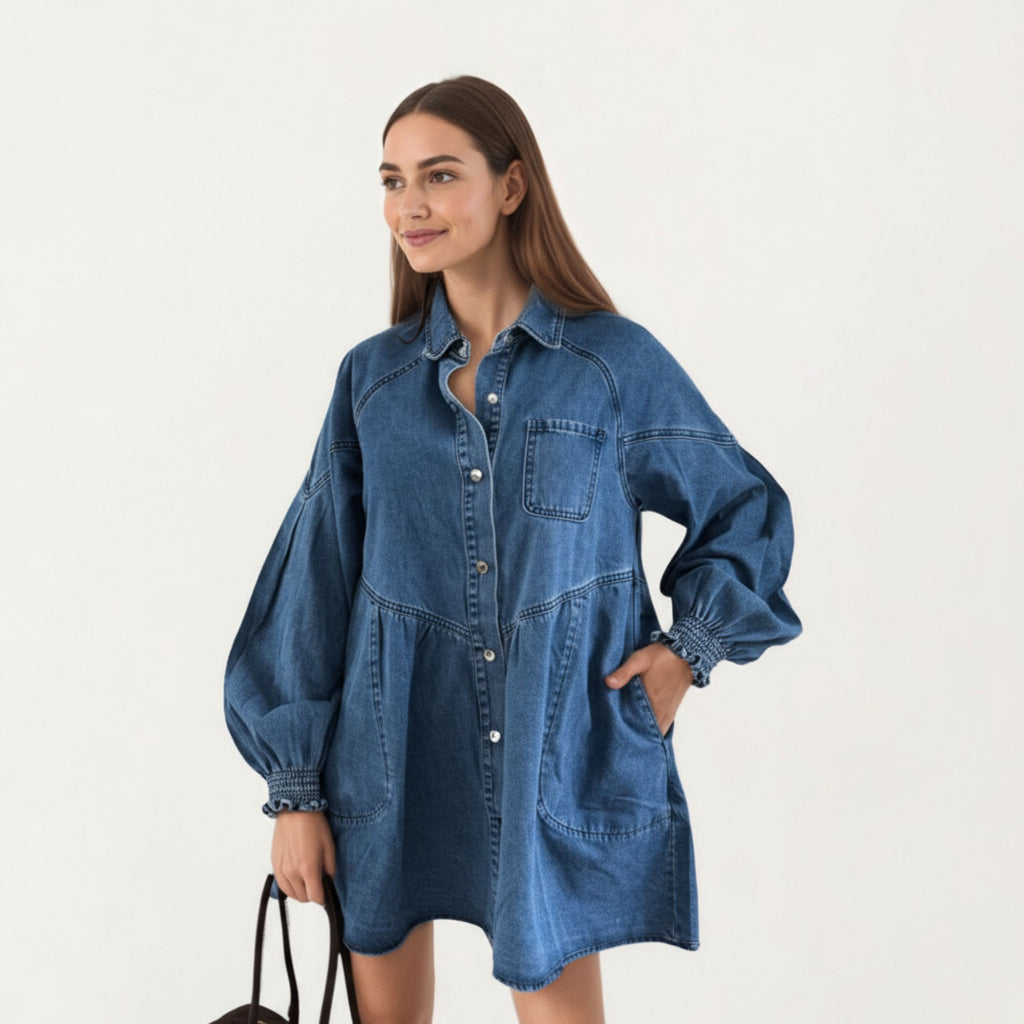 Anna-Kaci Women¡¯s Button Front Denim Shirt Dress with Soft Woven Fabric Balloon Sleeves Front Patch Pockets