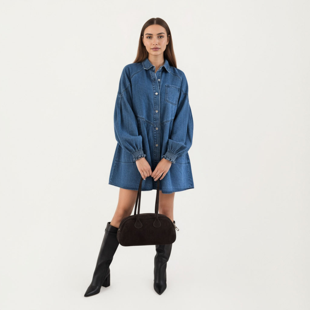 Anna-Kaci Women¡¯s Button Front Denim Shirt Dress with Soft Woven Fabric Balloon Sleeves Front Patch Pockets