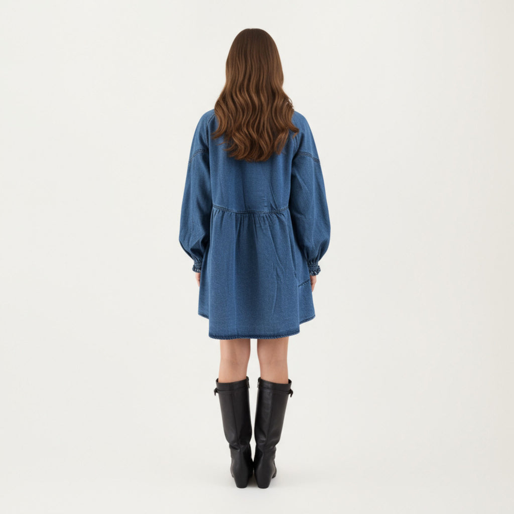 Anna-Kaci Women¡¯s Button Front Denim Shirt Dress with Soft Woven Fabric Balloon Sleeves Front Patch Pockets