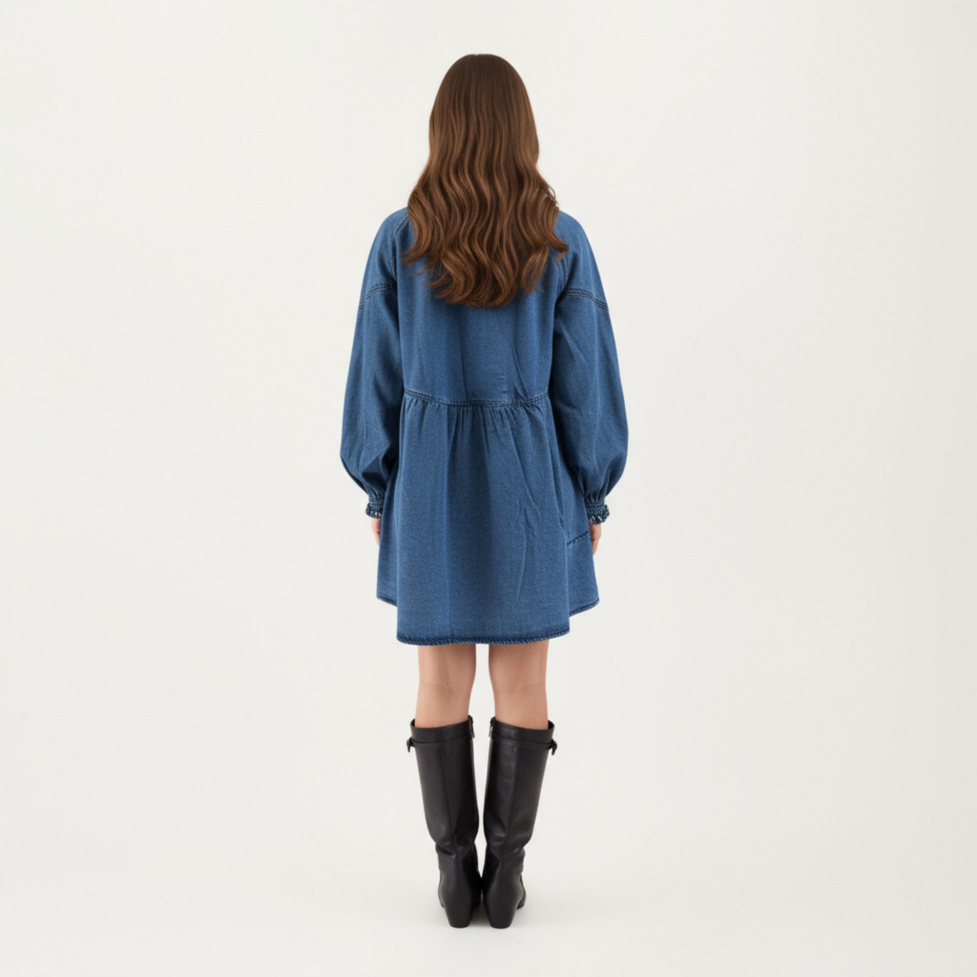 Anna-Kaci Women¡¯s Button Front Denim Shirt Dress with Soft Woven Fabric Balloon Sleeves Front Patch Pockets