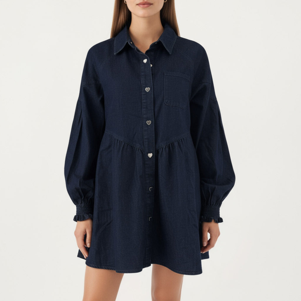 Anna-Kaci Women¡¯s Button Front Denim Shirt Dress with Soft Woven Fabric Balloon Sleeves Front Patch Pockets