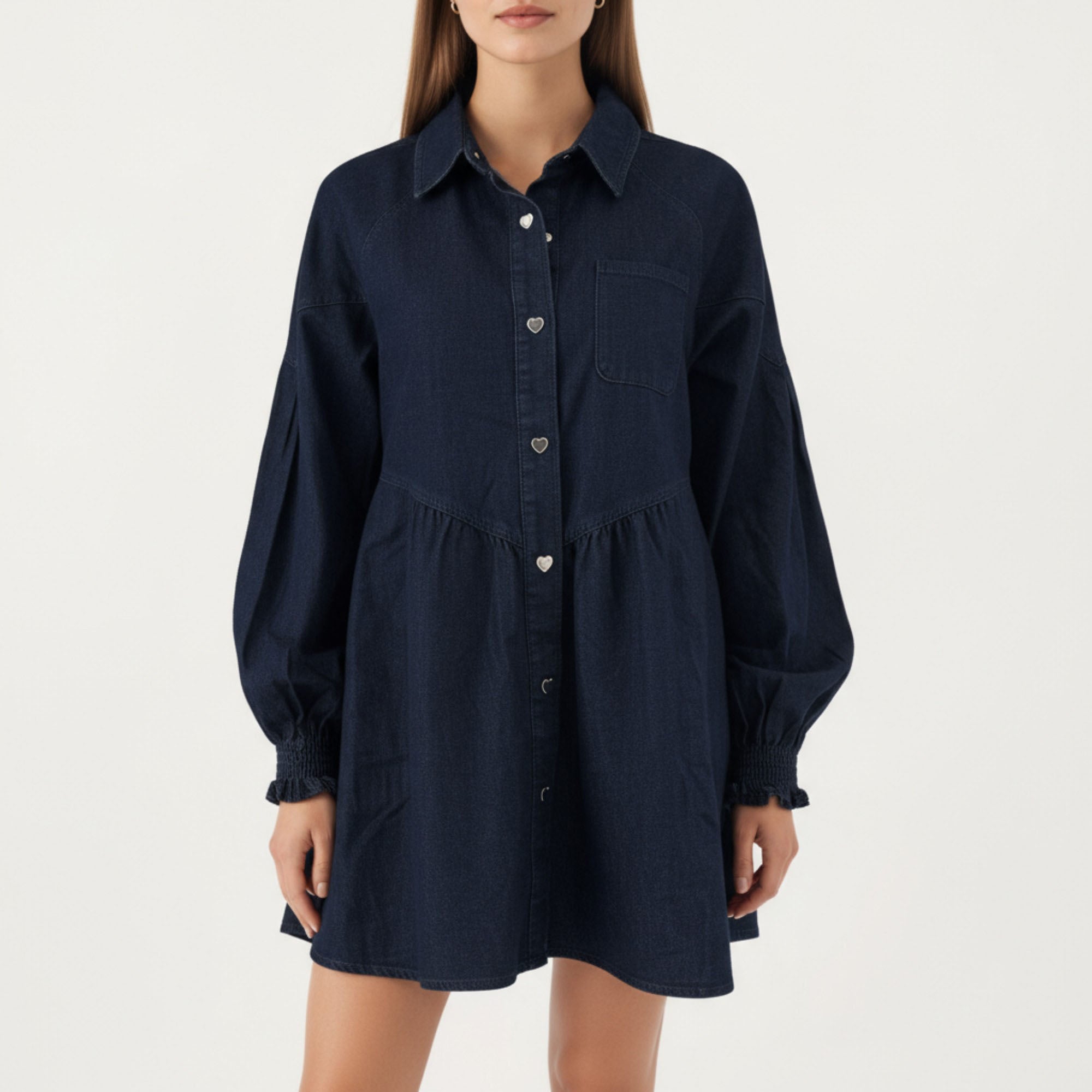 Anna-Kaci Women¡¯s Button Front Denim Shirt Dress with Soft Woven Fabric Balloon Sleeves Front Patch Pockets