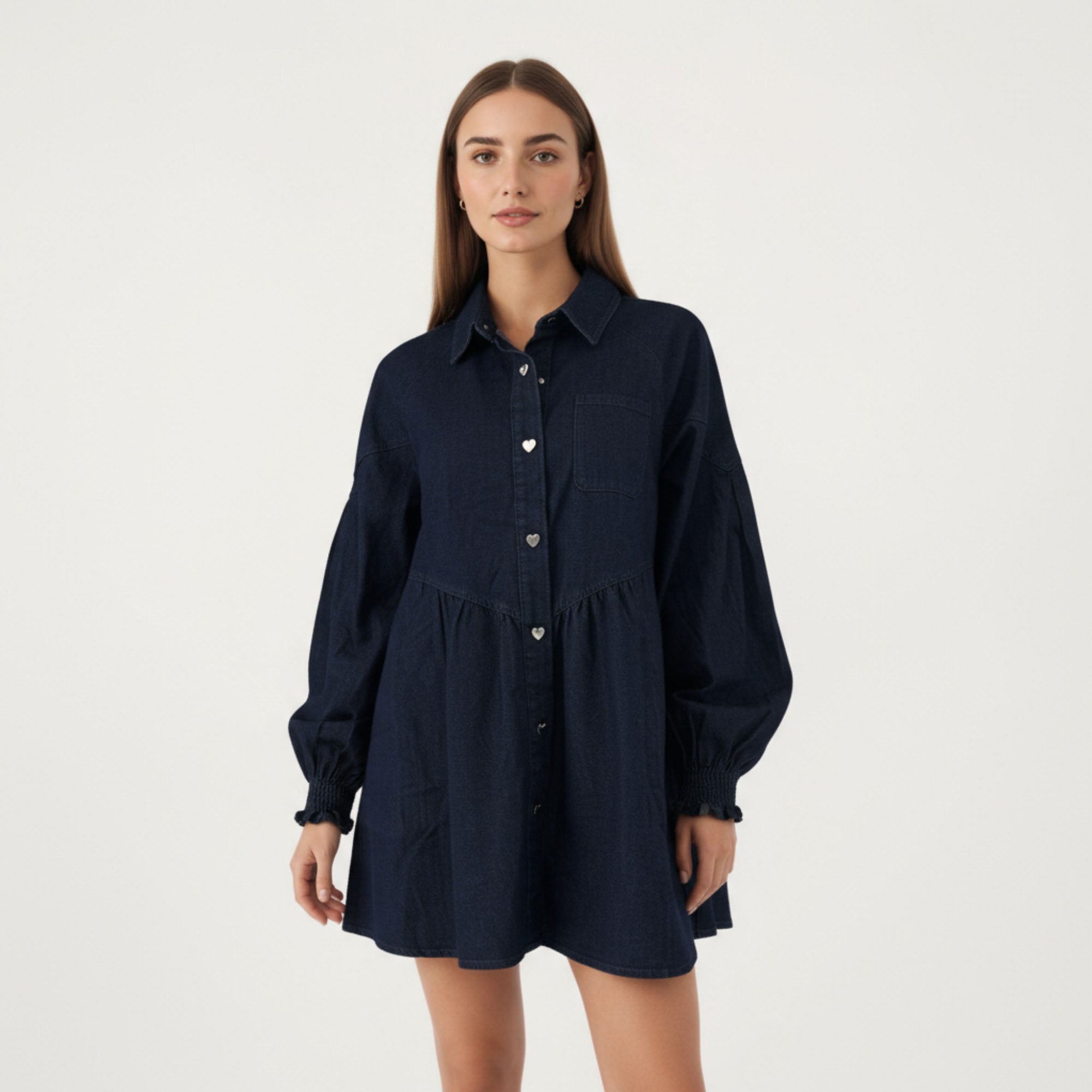 Anna-Kaci Women¡¯s Button Front Denim Shirt Dress with Soft Woven Fabric Balloon Sleeves Front Patch Pockets