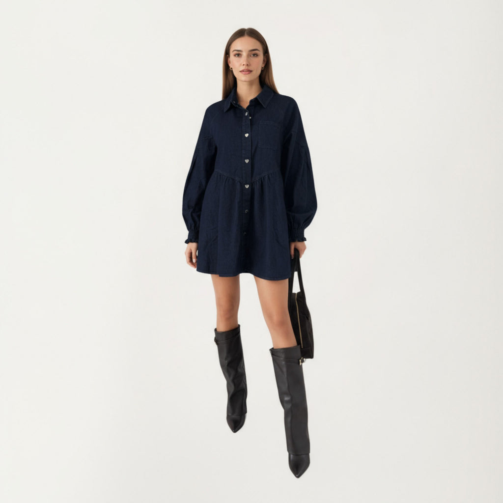 Anna-Kaci Women¡¯s Button Front Denim Shirt Dress with Soft Woven Fabric Balloon Sleeves Front Patch Pockets