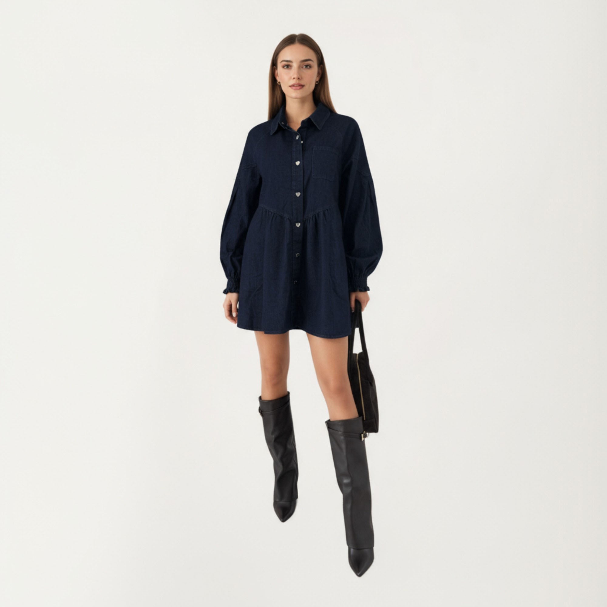 Anna-Kaci Women¡¯s Button Front Denim Shirt Dress with Soft Woven Fabric Balloon Sleeves Front Patch Pockets