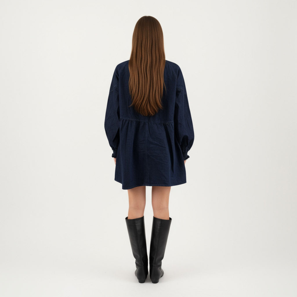 Anna-Kaci Women¡¯s Button Front Denim Shirt Dress with Soft Woven Fabric Balloon Sleeves Front Patch Pockets