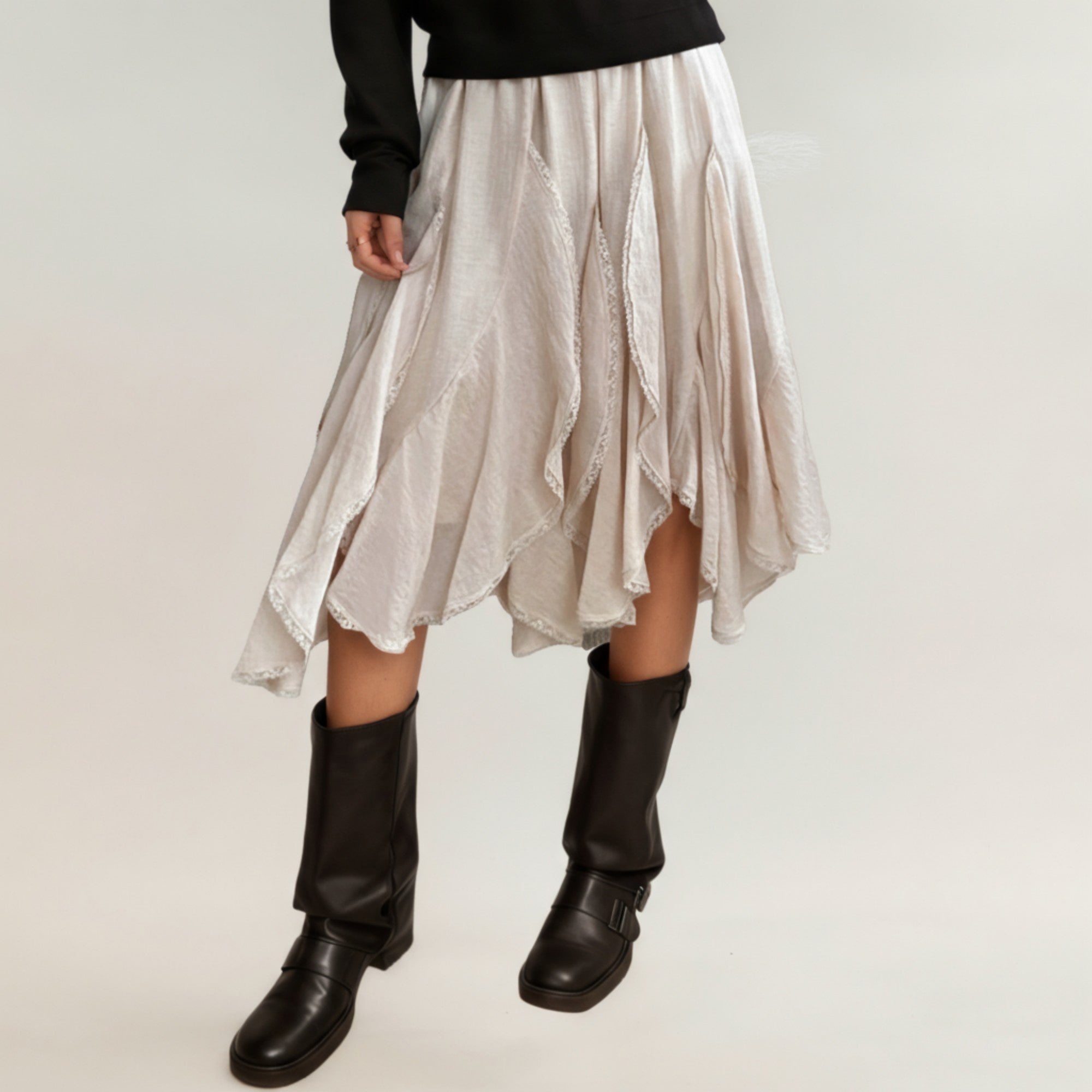 Anna-Kaci Women¡¯s Layered Handkerchief Hem Midi Skirt with Soft Flowing Panels and Textured Draped Design for an Effortlessly Styled Look